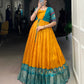 Lorenvalley Fashion Mustard Tussar Chex Patola Print With Weaving Work Border Gown with Koti | Swadesiicart