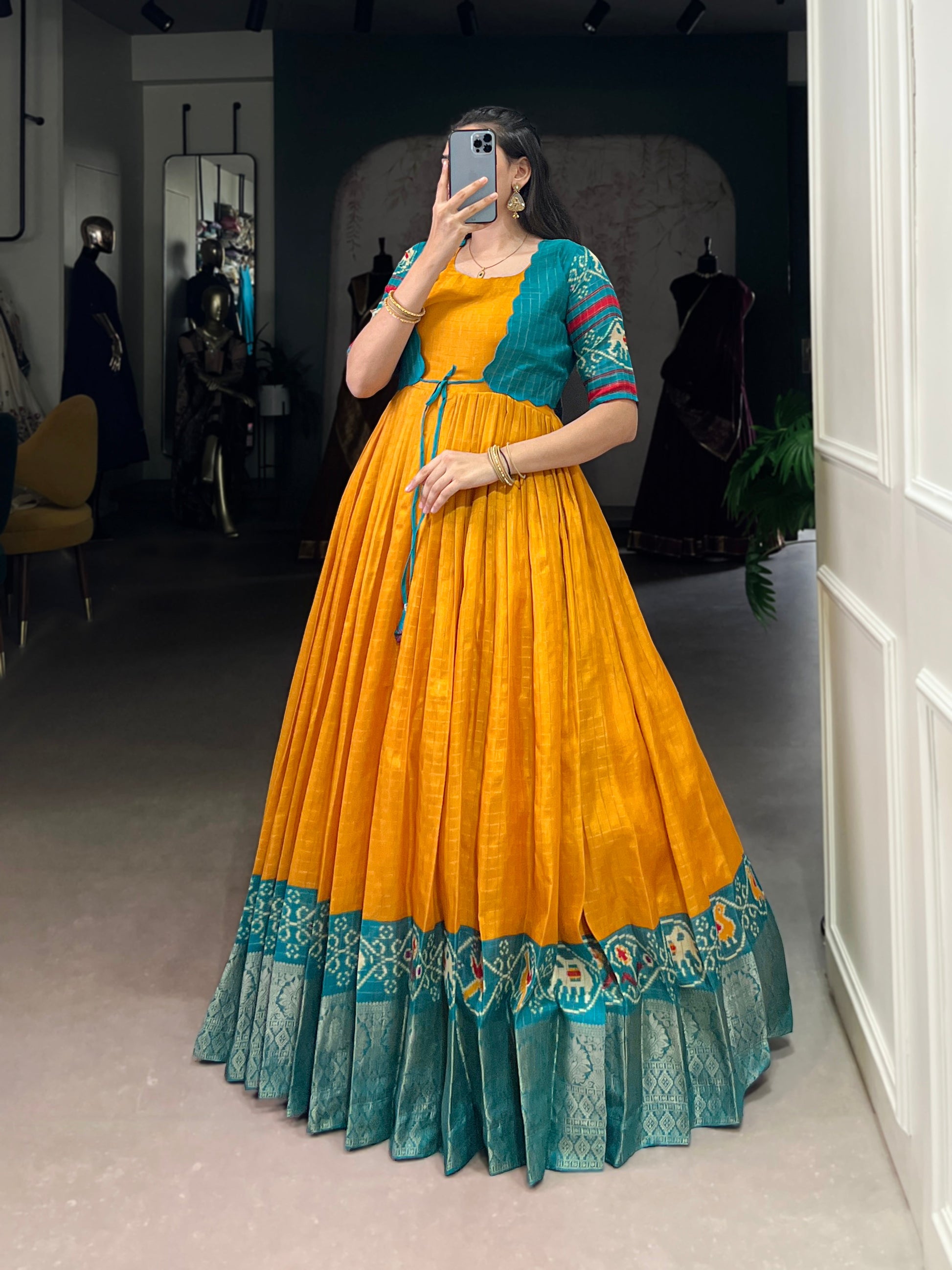 Lorenvalley Fashion Mustard Tussar Chex Patola Print With Weaving Work Border Gown with Koti | Swadesiicart