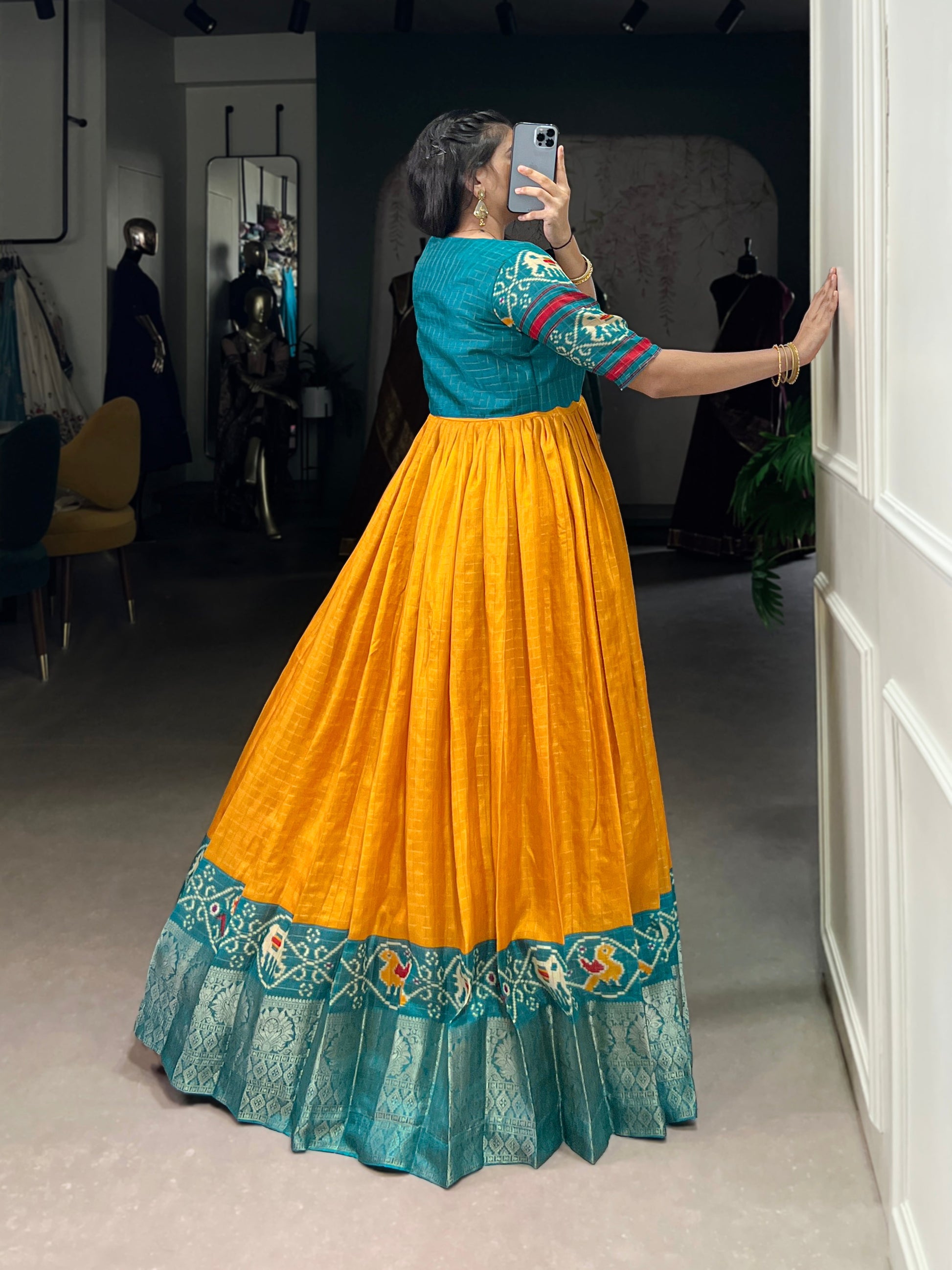 Lorenvalley Fashion Mustard Tussar Chex Patola Print With Weaving Work Border Gown with Koti | Swadesiicart