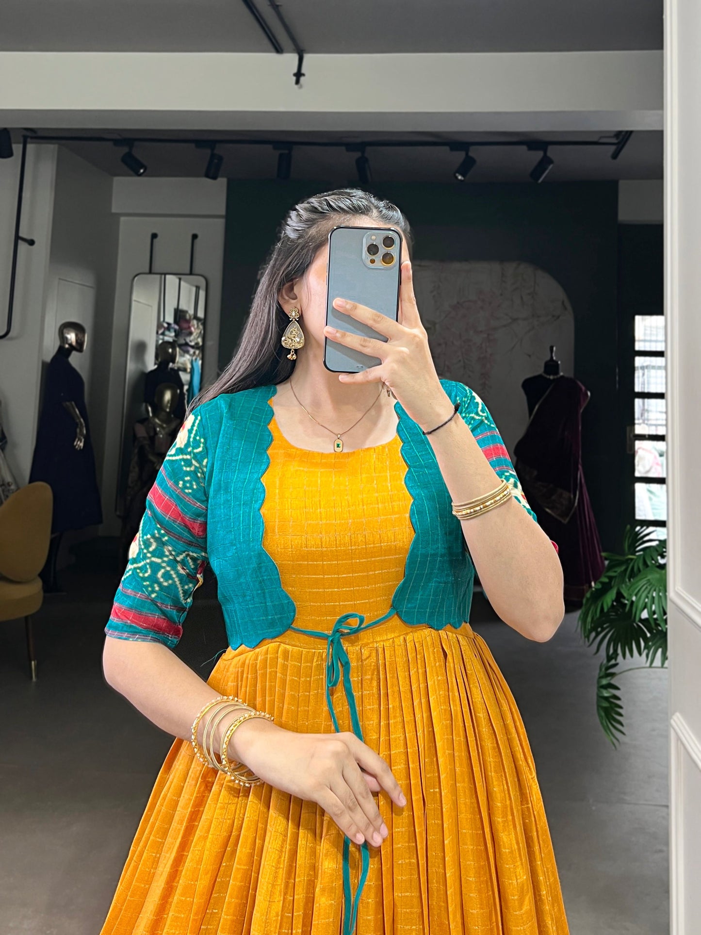 Lorenvalley Fashion Mustard Tussar Chex Patola Print With Weaving Work Border Gown with Koti | Swadesiicart