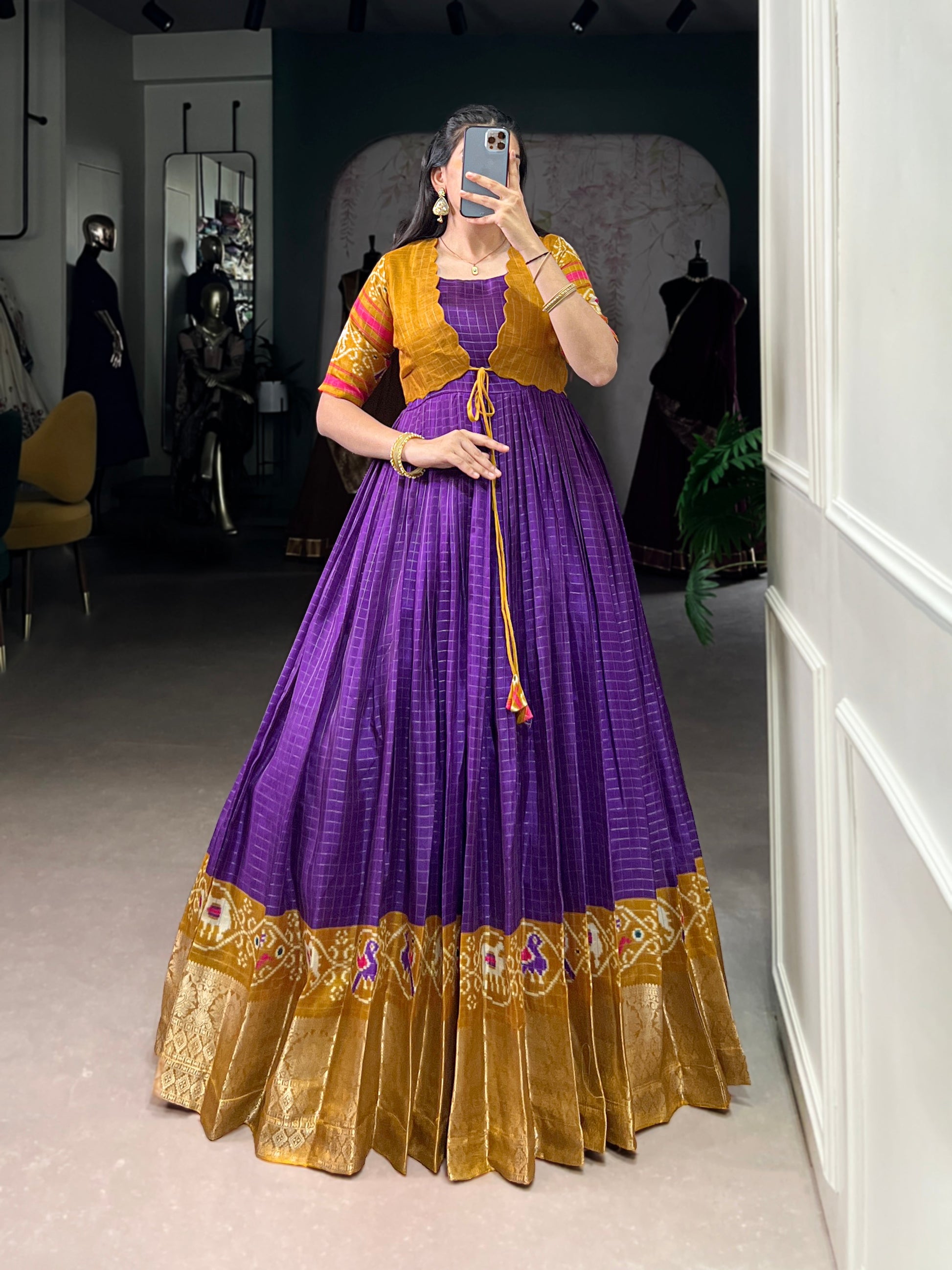 Lorenvalley Fashion Purple Tussar Chex Patola Print With Weaving Work Border Gown with Koti | Swadesiicart