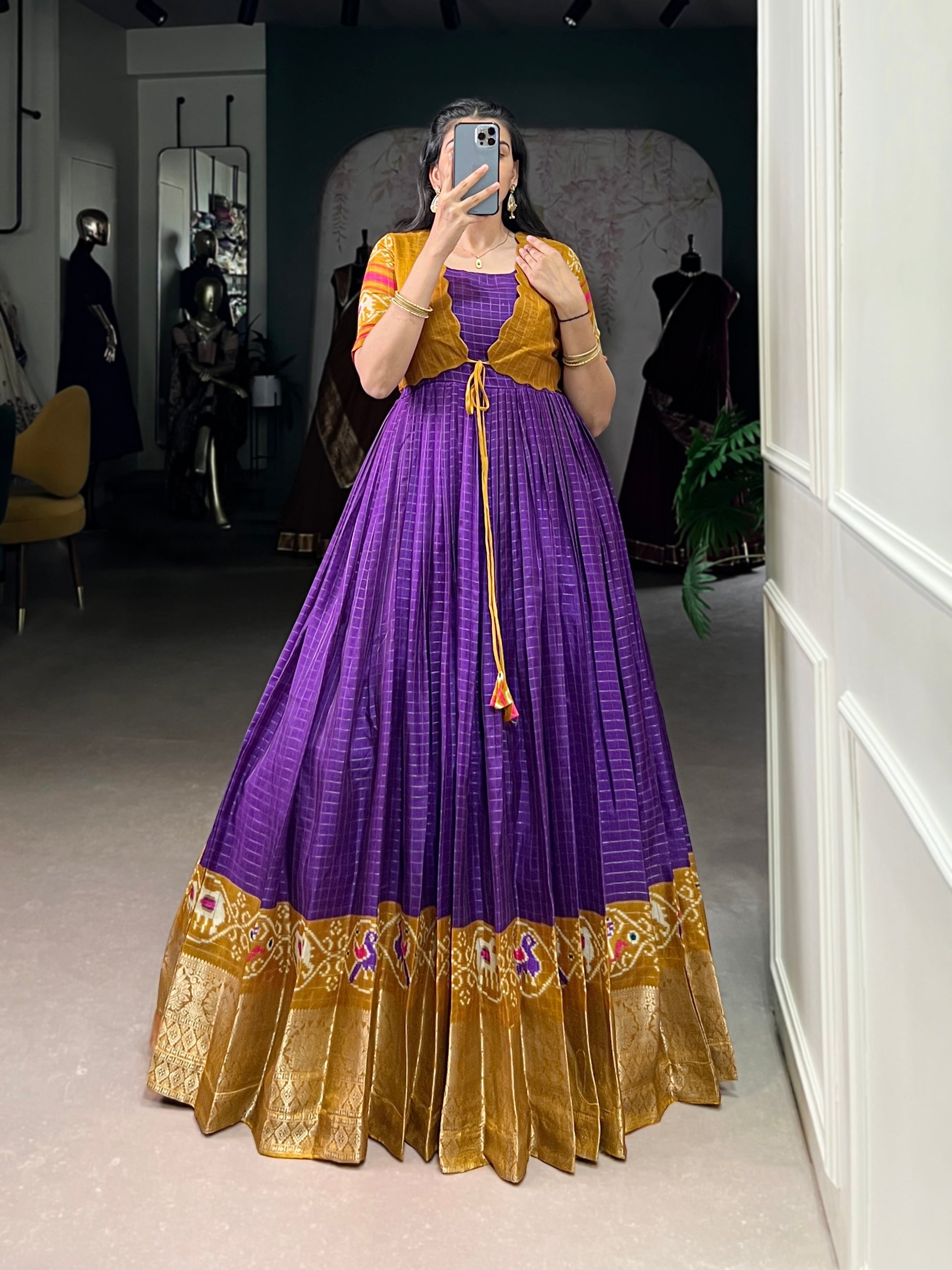 Lorenvalley Fashion Purple Tussar Chex Patola Print With Weaving Work Border Gown with Koti | Swadesiicart