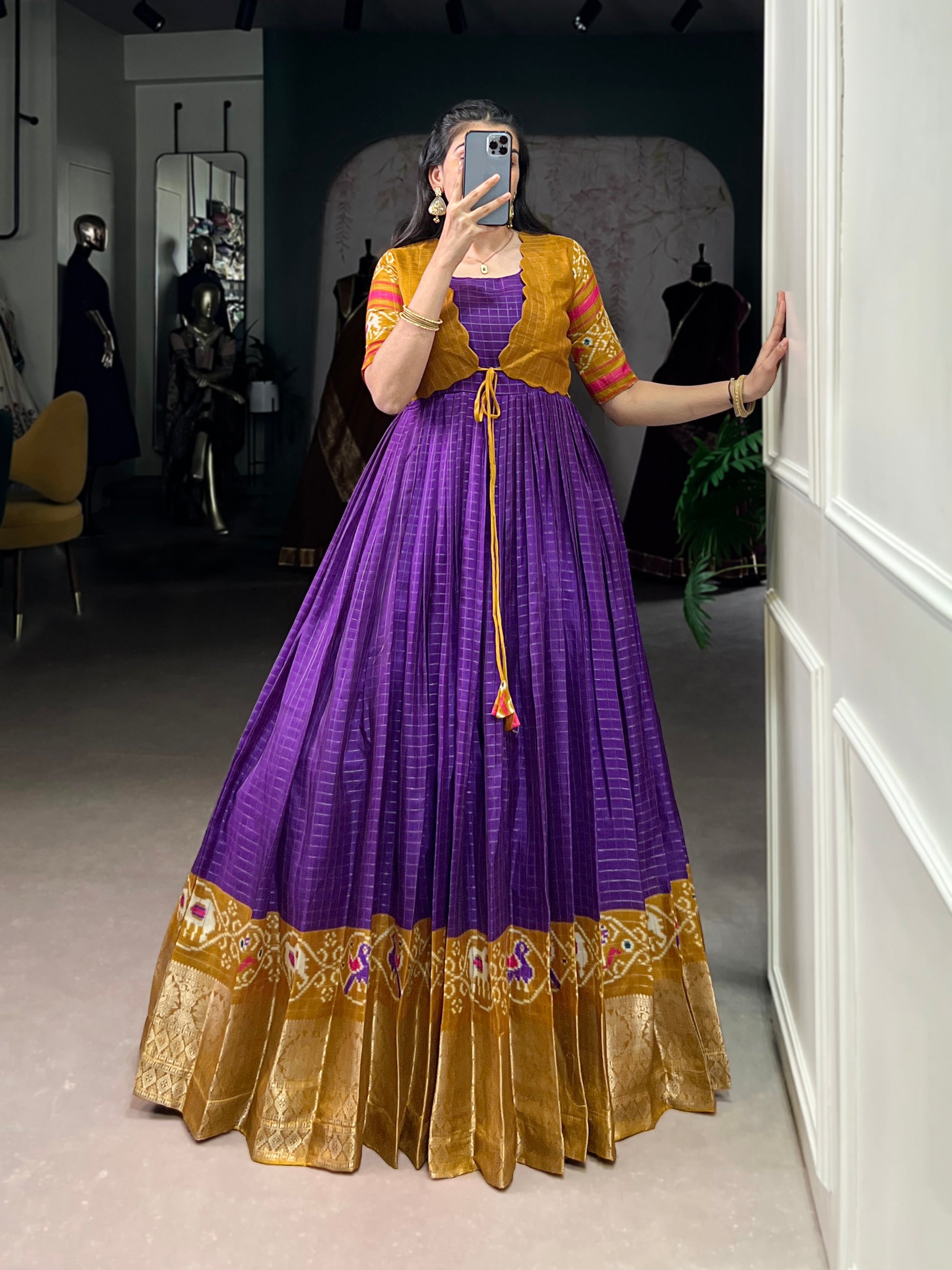 Lorenvalley Fashion Purple Tussar Chex Patola Print With Weaving Work Border Gown with Koti | Swadesiicart