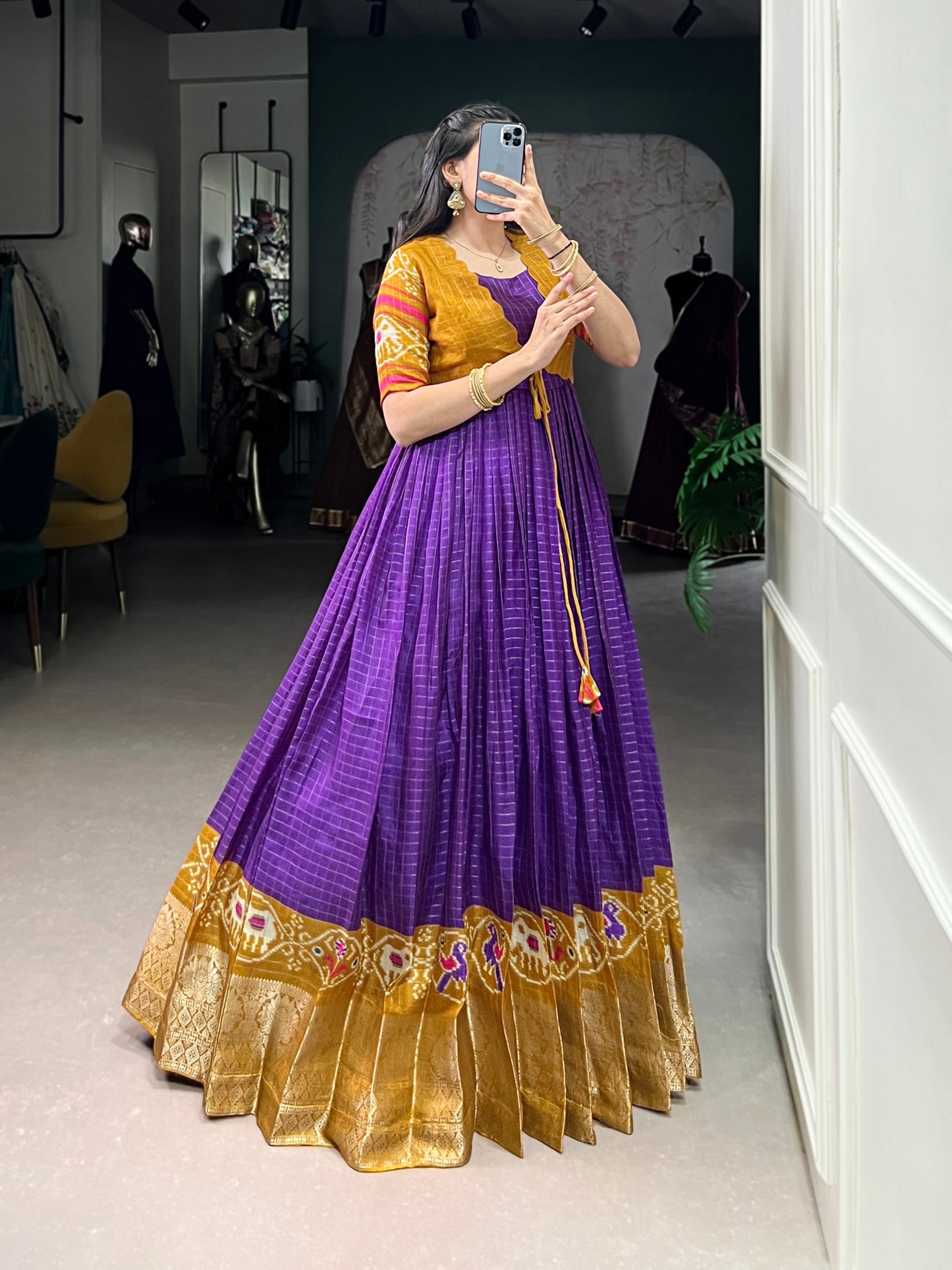 Lorenvalley Fashion Purple Tussar Chex Patola Print With Weaving Work Border Gown with Koti | Swadesiicart