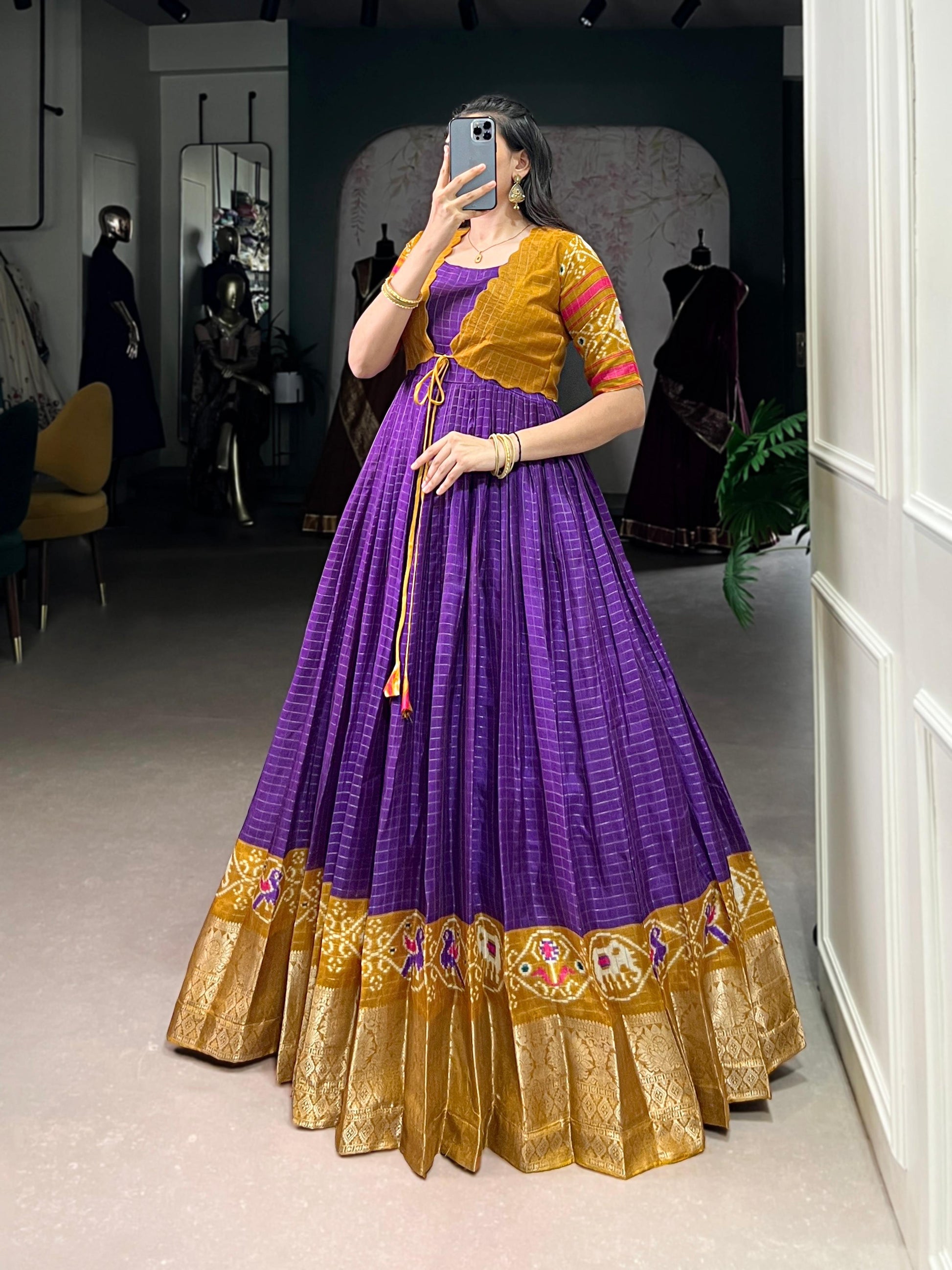 Lorenvalley Fashion Purple Tussar Chex Patola Print With Weaving Work Border Gown with Koti | Swadesiicart