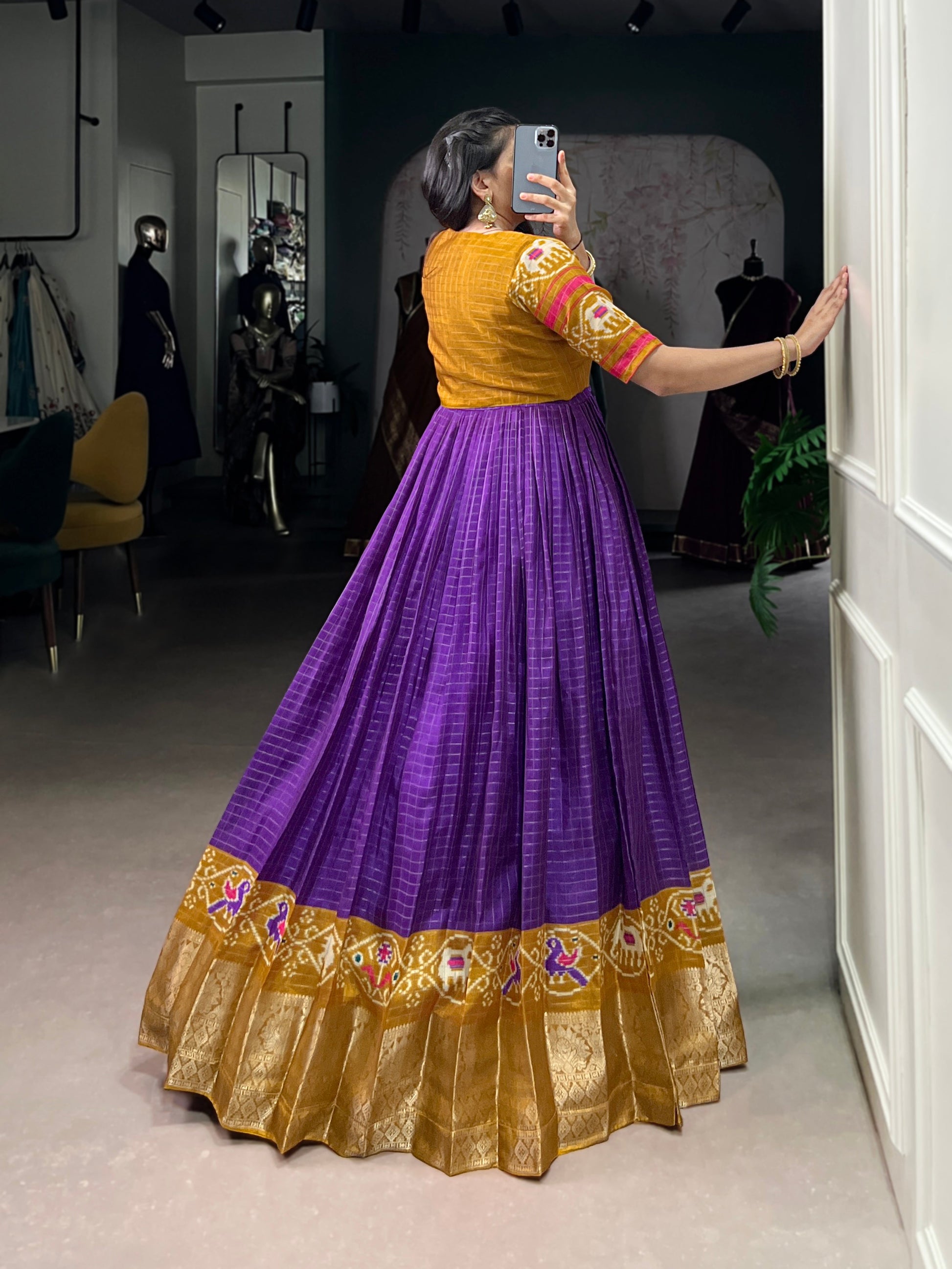 Lorenvalley Fashion Purple Tussar Chex Patola Print With Weaving Work Border Gown with Koti | Swadesiicart