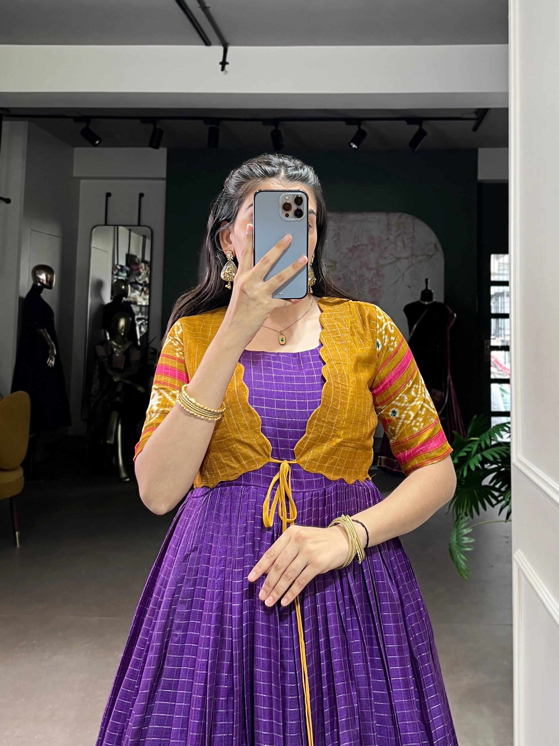 Lorenvalley Fashion Purple Tussar Chex Patola Print With Weaving Work Border Gown with Koti | Swadesiicart
