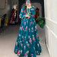 Lorenvalley Teal Georgette Floral print with Lace Border Gown | Swadesiicart