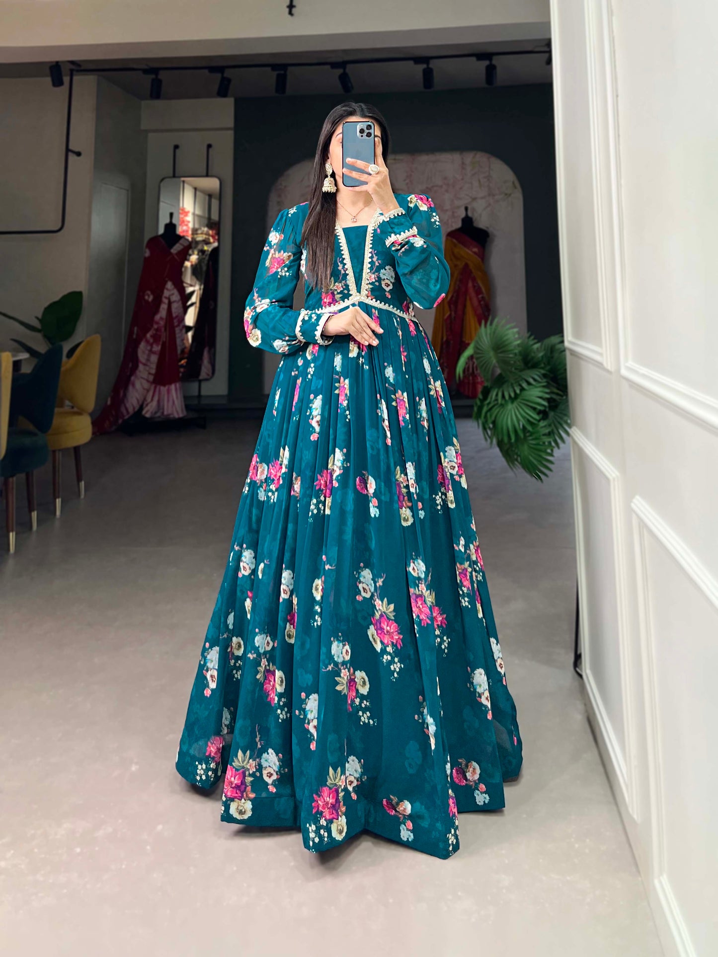Lorenvalley Teal Georgette Floral print with Lace Border Gown | Swadesiicart
