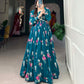 Lorenvalley Teal Georgette Floral print with Lace Border Gown | Swadesiicart