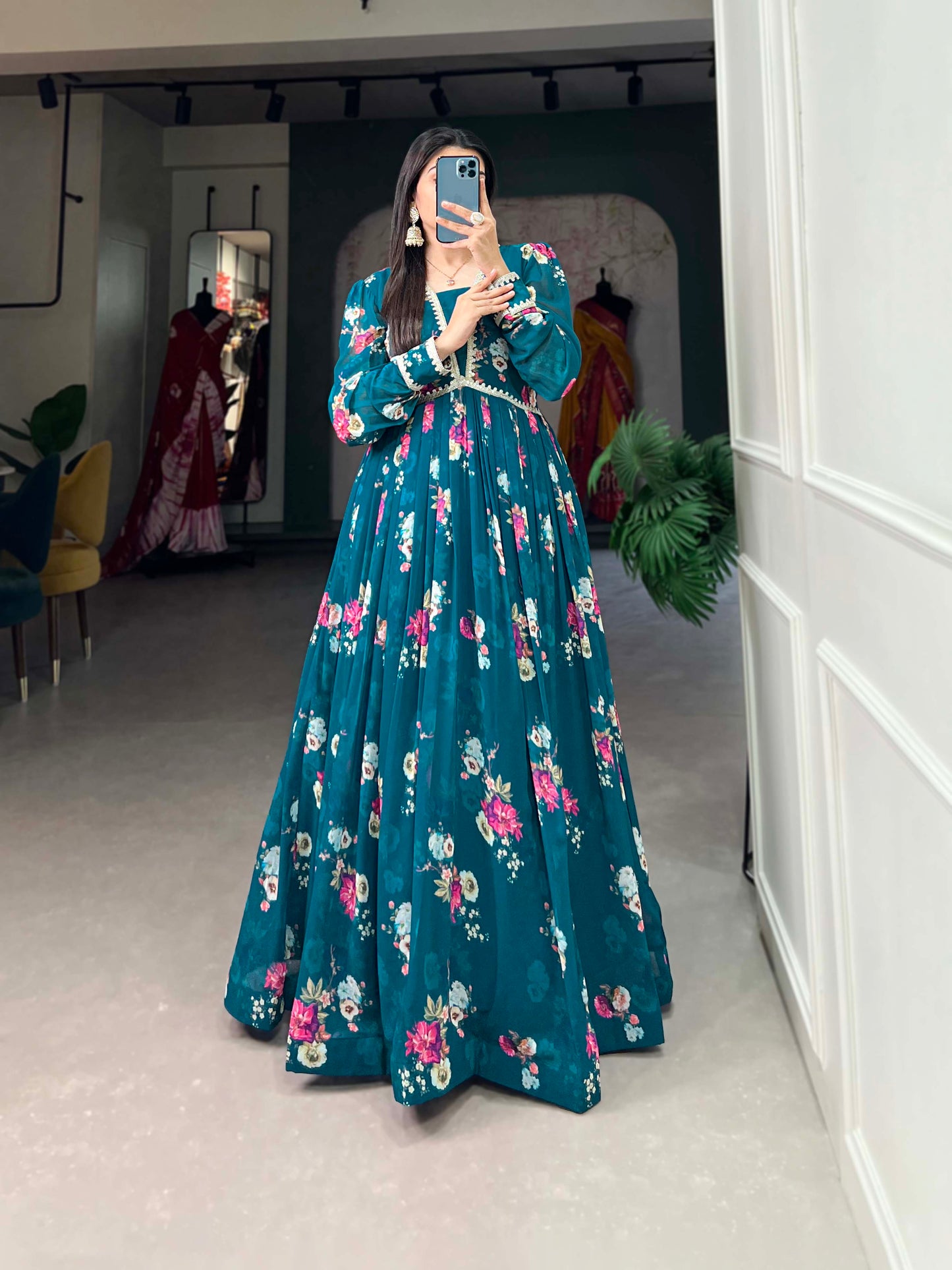 Lorenvalley Teal Georgette Floral print with Lace Border Gown | Swadesiicart