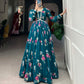 Lorenvalley Teal Georgette Floral print with Lace Border Gown | Swadesiicart