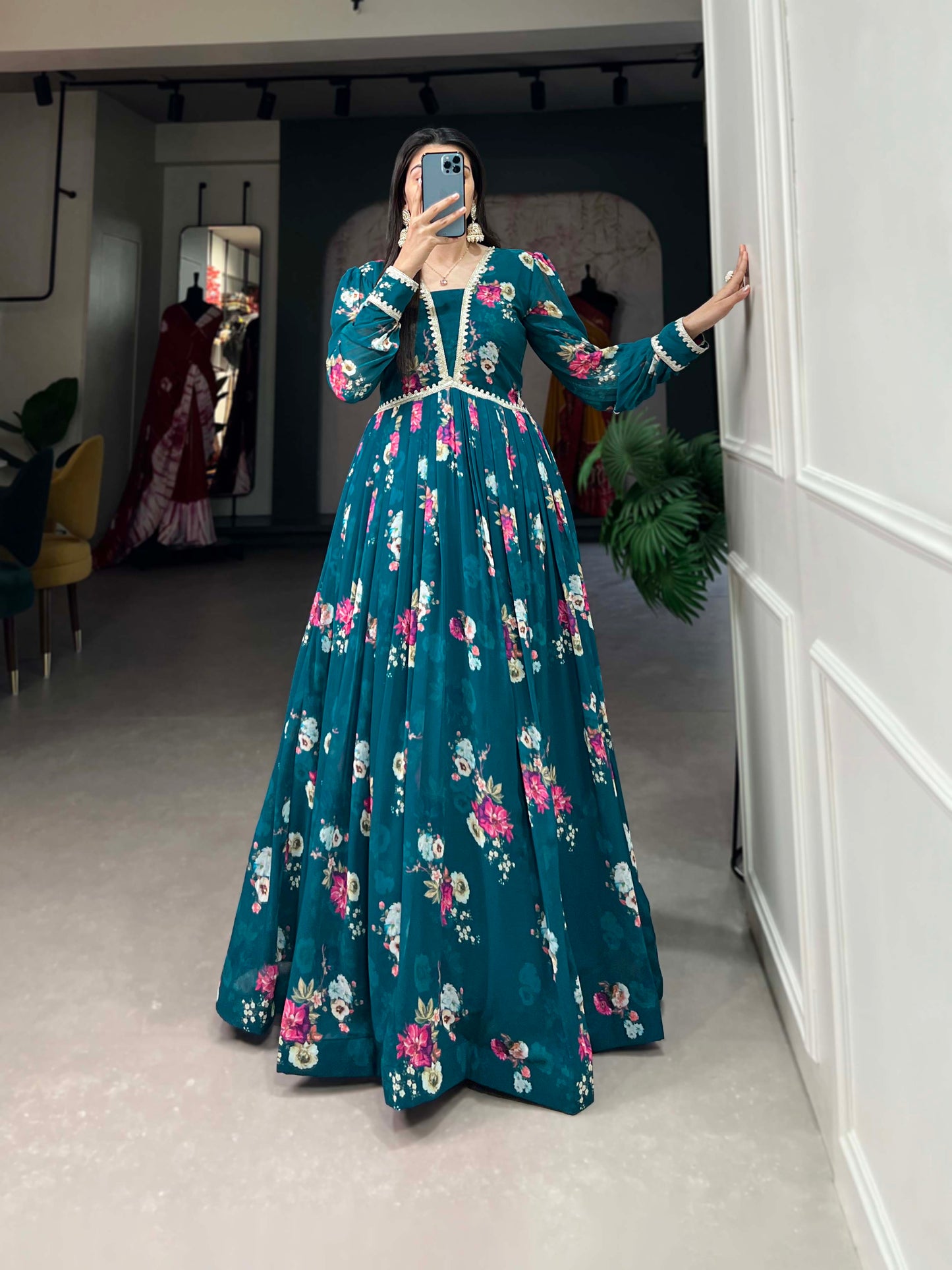 Lorenvalley Teal Georgette Floral print with Lace Border Gown | Swadesiicart