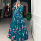 Lorenvalley Teal Georgette Floral print with Lace Border Gown | Swadesiicart