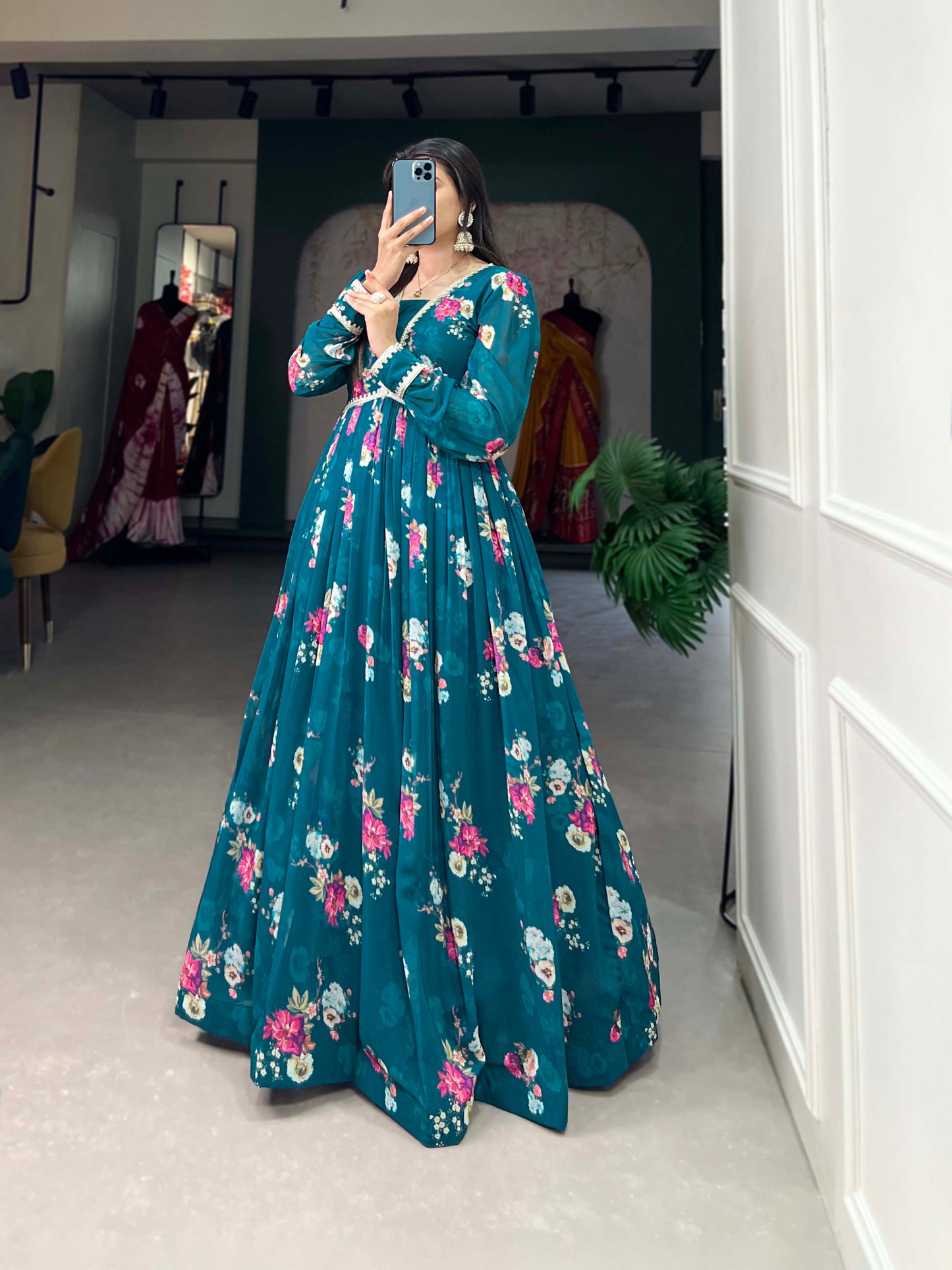 Lorenvalley Teal Georgette Floral print with Lace Border Gown | Swadesiicart