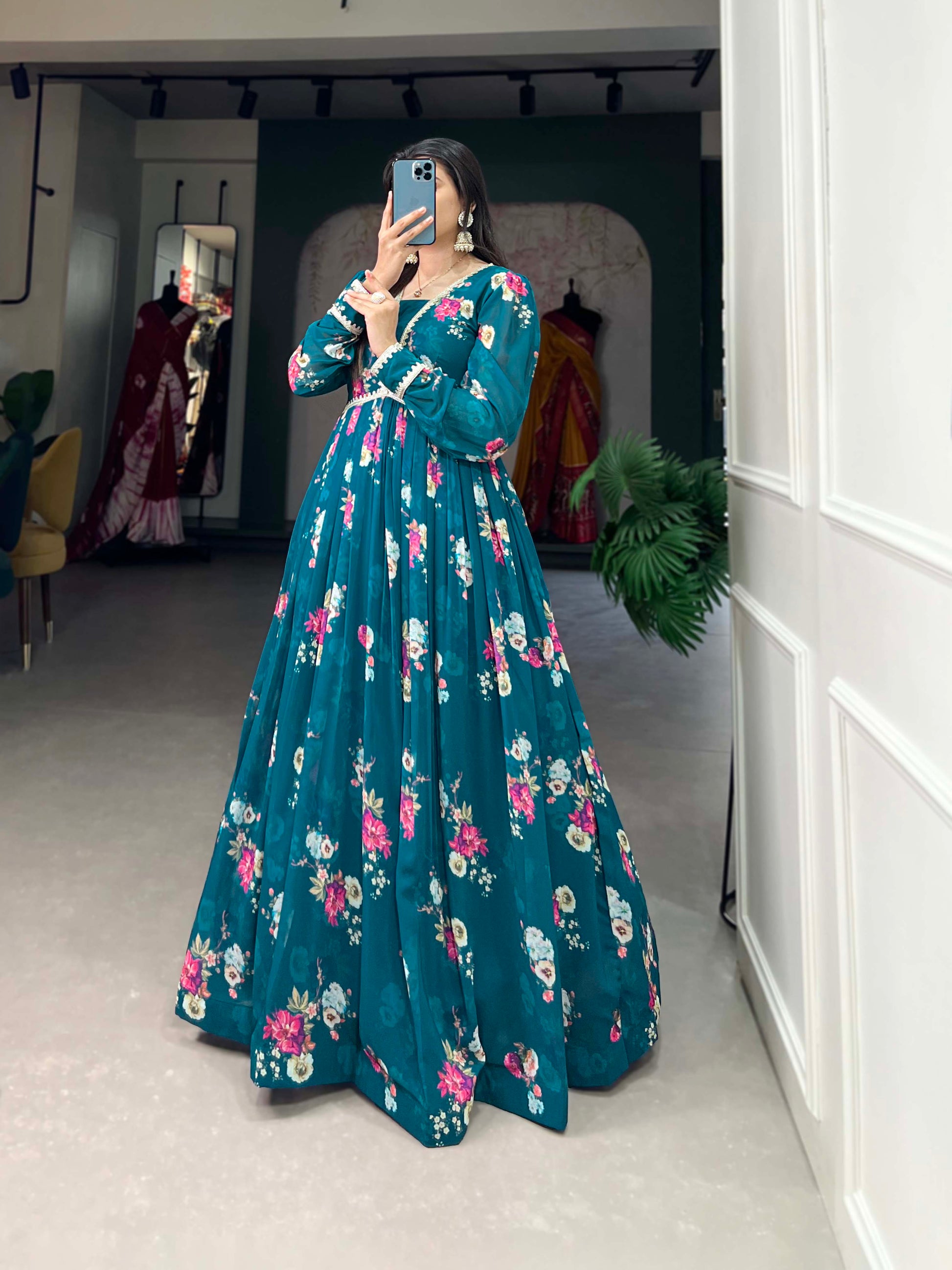 Lorenvalley Teal Georgette Floral print with Lace Border Gown | Swadesiicart