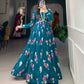 Lorenvalley Teal Georgette Floral print with Lace Border Gown | Swadesiicart