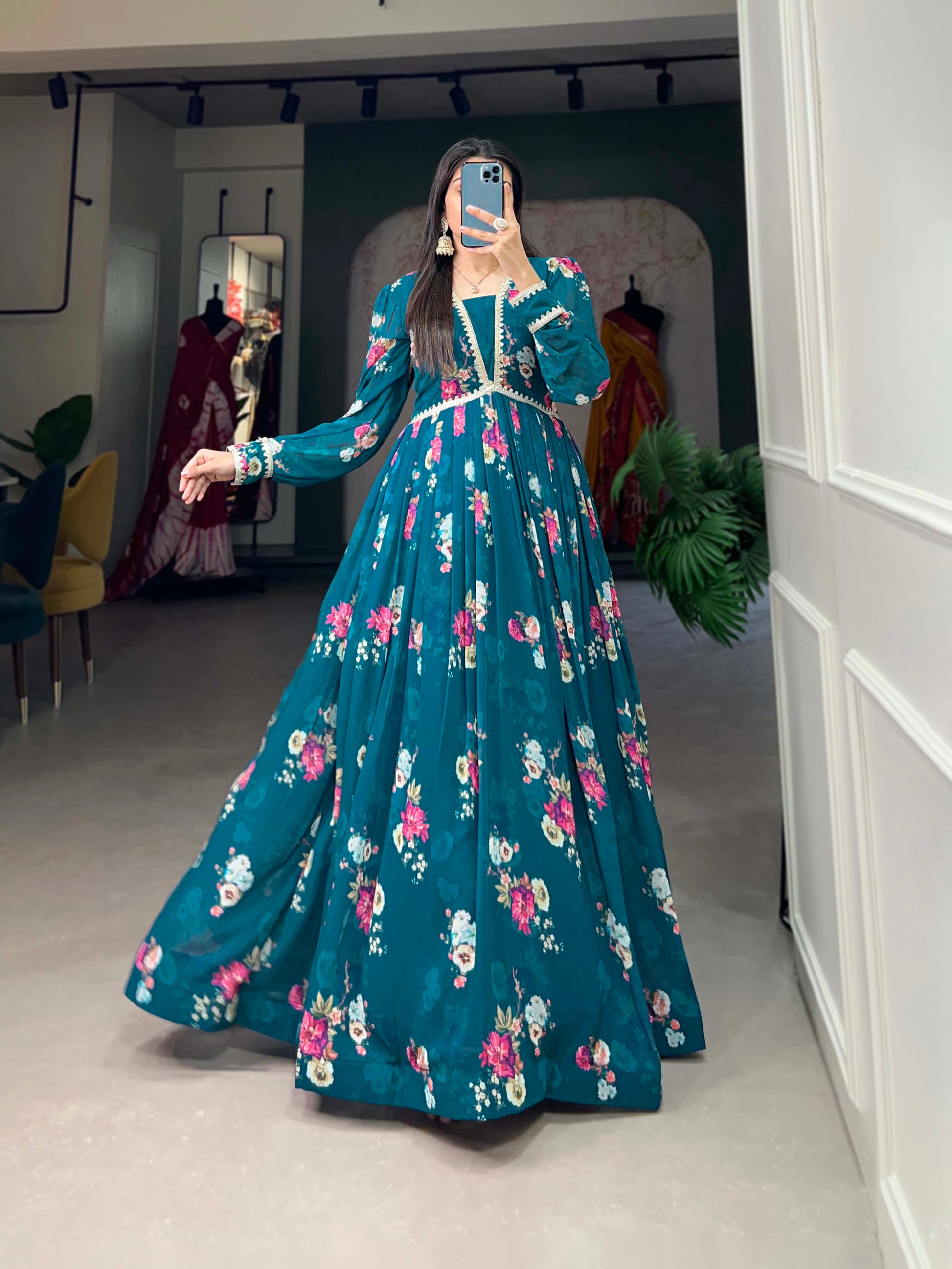 Lorenvalley Teal Georgette Floral print with Lace Border Gown | Swadesiicart