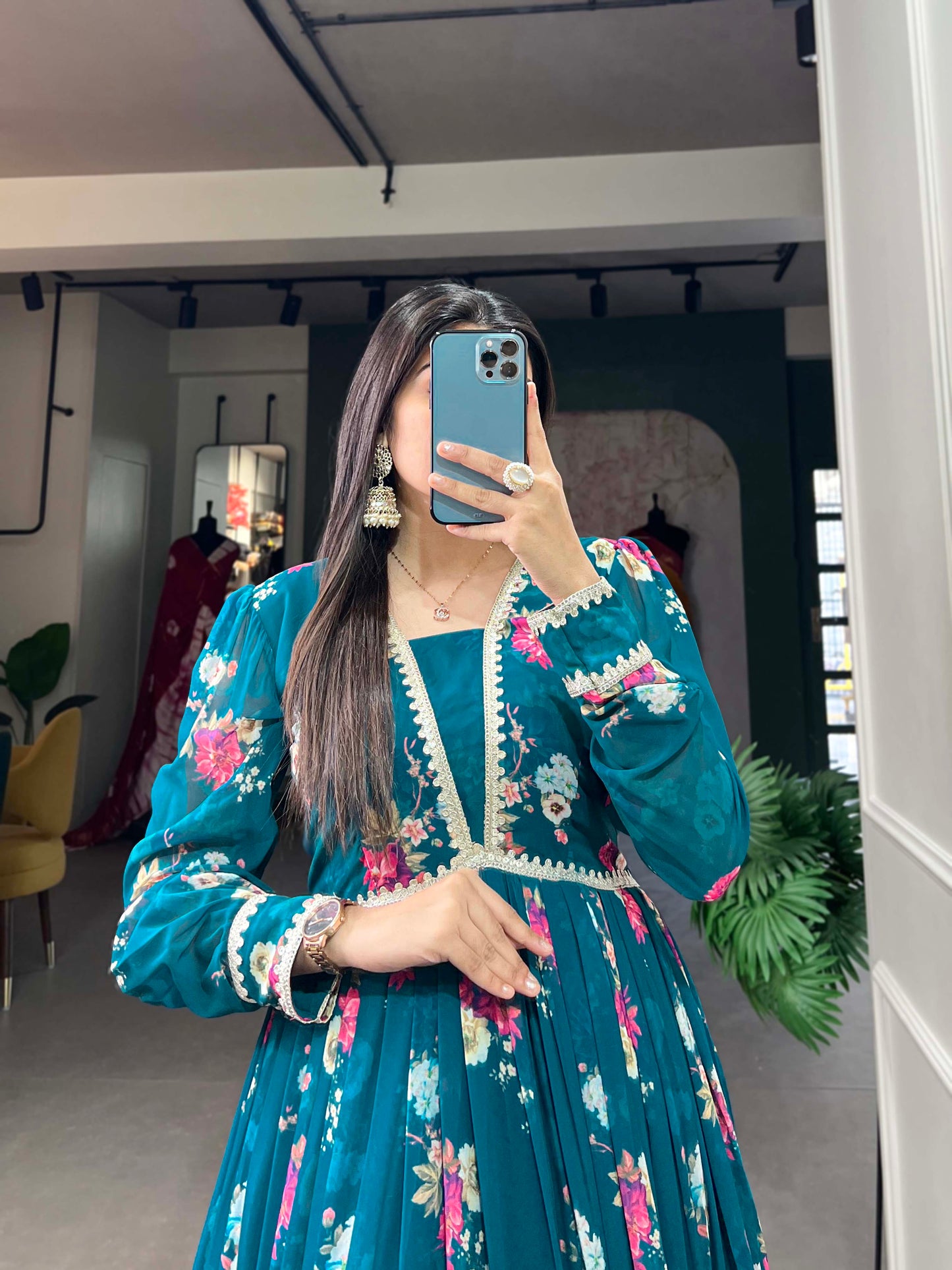 Lorenvalley Teal Georgette Floral print with Lace Border Gown | Swadesiicart
