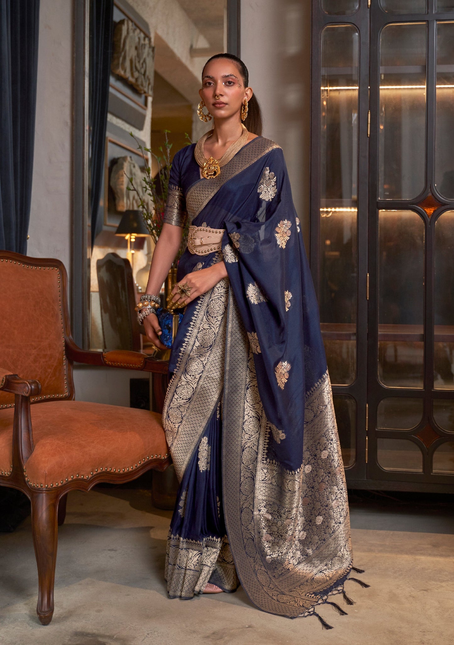 Monjolika Fashion Navy Blue Color Handloom Khadi Georgette Tradtional Saree | Swadesiicart