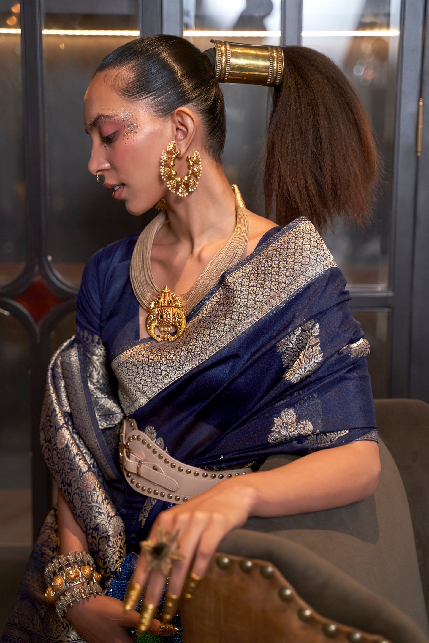 Monjolika Fashion Navy Blue Color Handloom Khadi Georgette Tradtional Saree | Swadesiicart