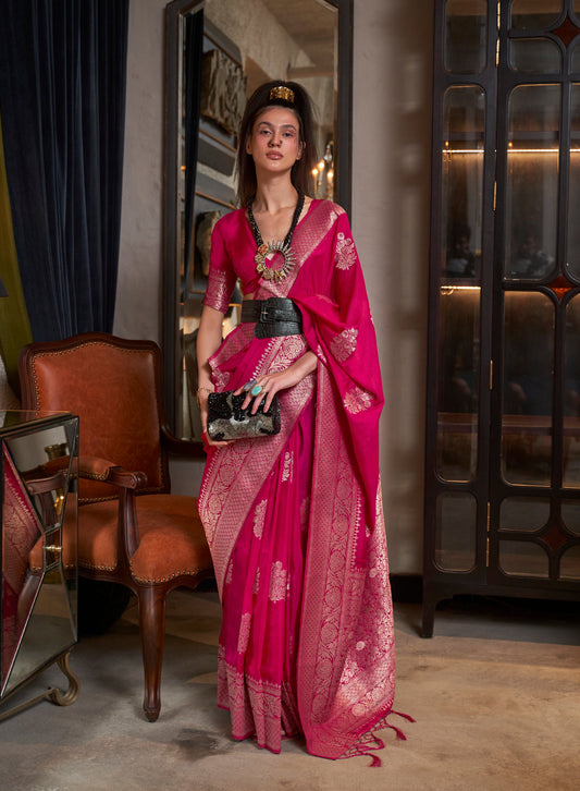Monjolika Fashion Rani Pink Color Handloom Khadi Georgette Tradtional Saree | Swadesiicart