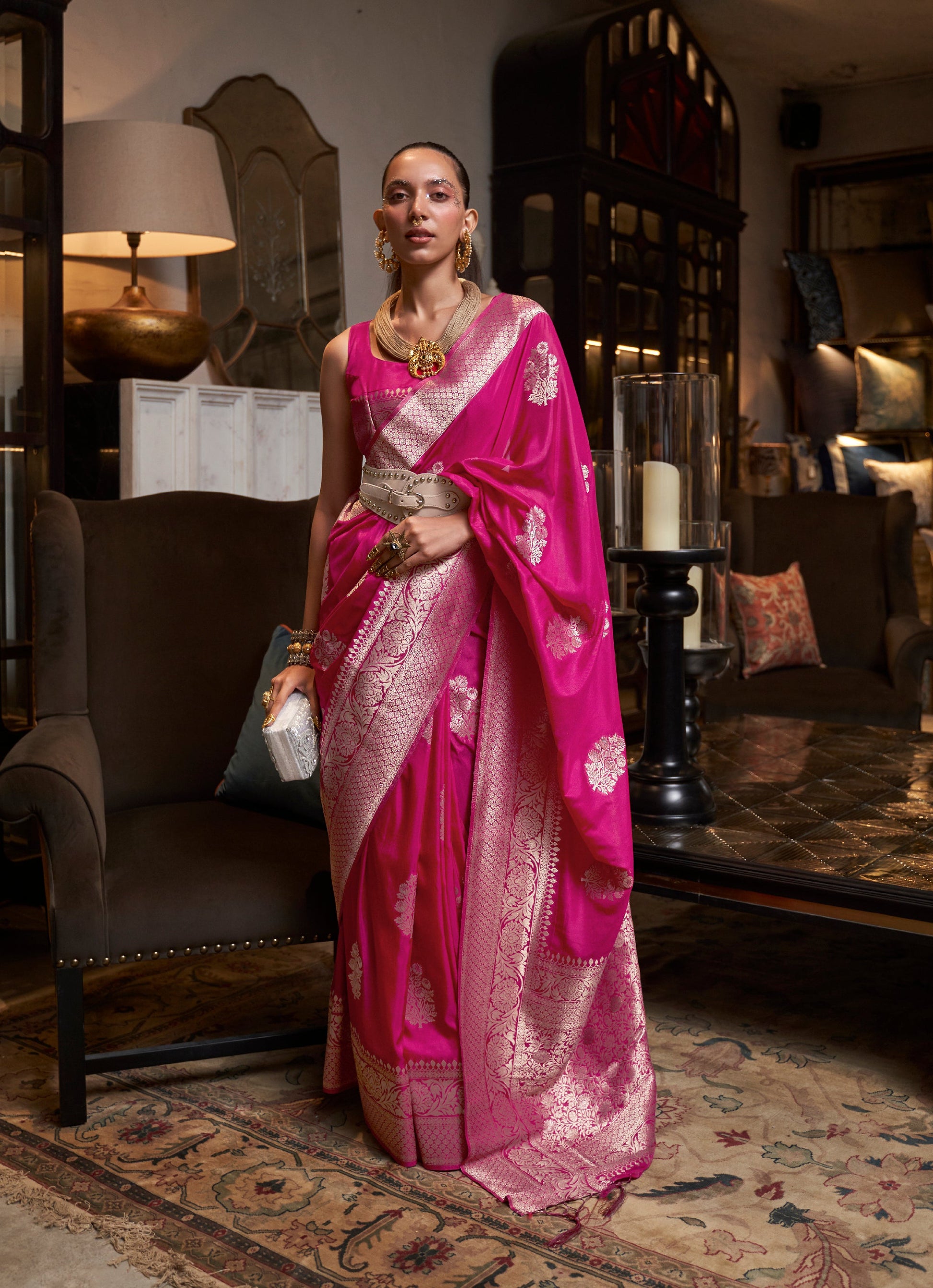 Monjolika Fashion Rani Pink Color Handloom Khadi Georgette Tradtional Saree | Swadesiicart