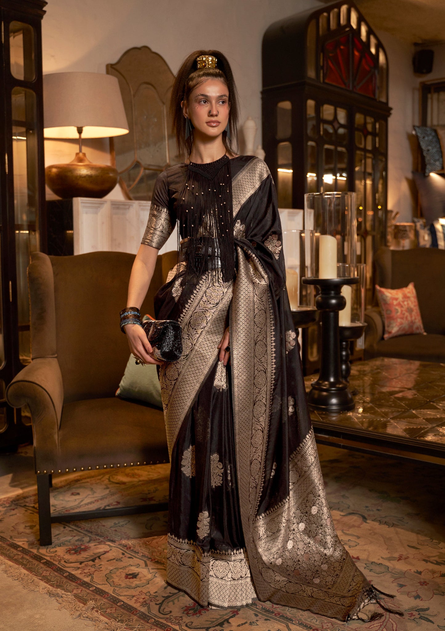Monjolika Fashion Black Color Handloom Khadi Georgette Tradtional Saree | Swadesiicart