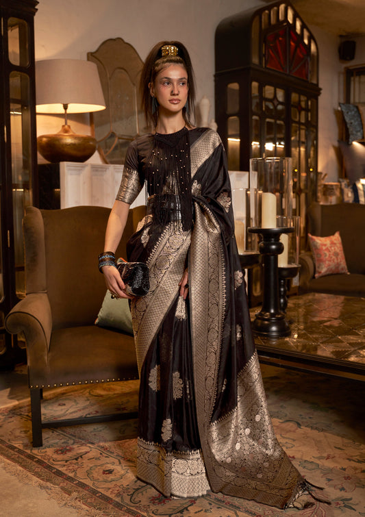 Monjolika Fashion Black Color Handloom Khadi Georgette Tradtional Saree | Swadesiicart