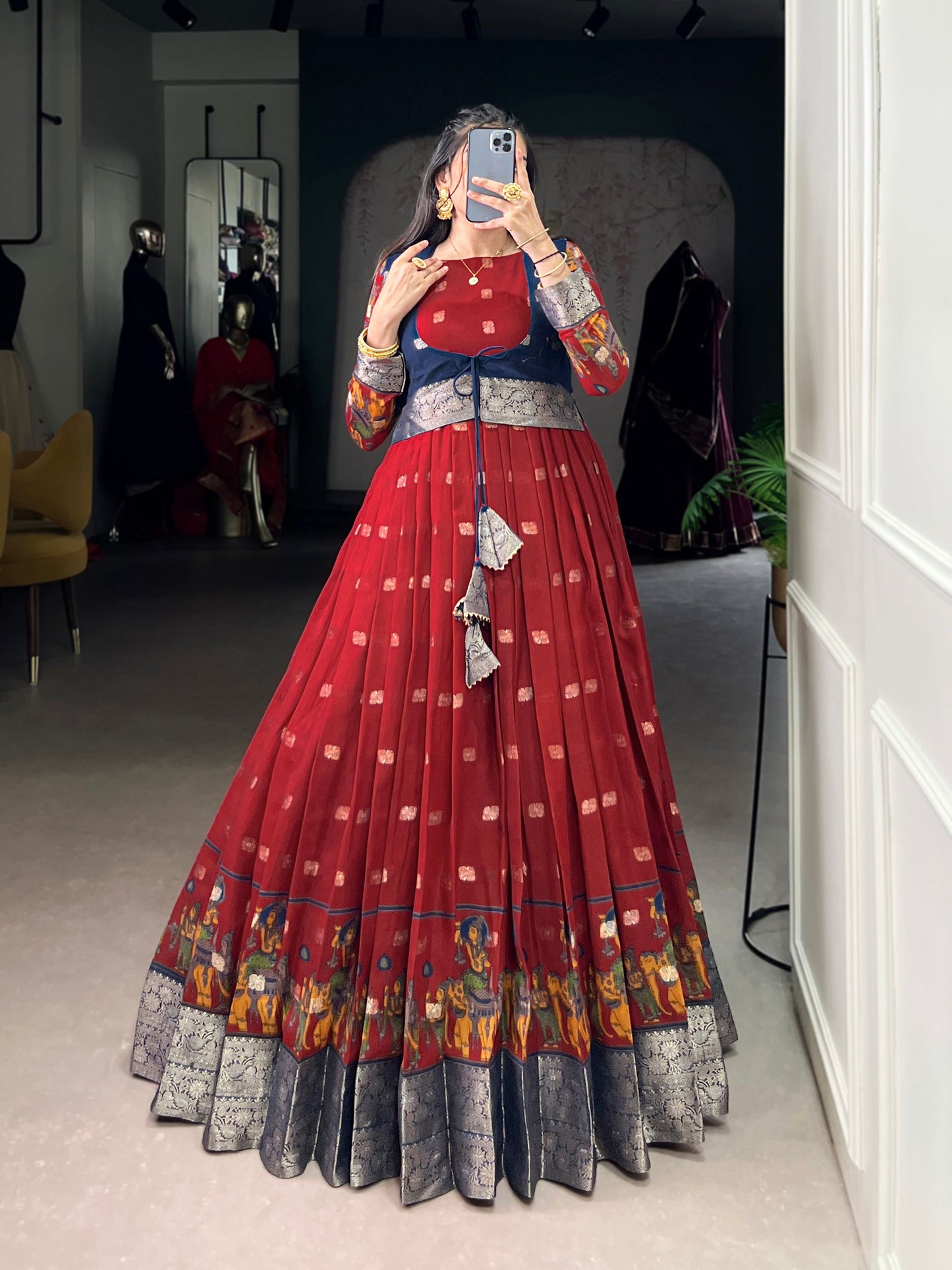 Lorenvalley Fashion Maroon Poly Cotton Kalamkari Print With Zari Weaving Work Border Gown with Koti | Swadesiicart
