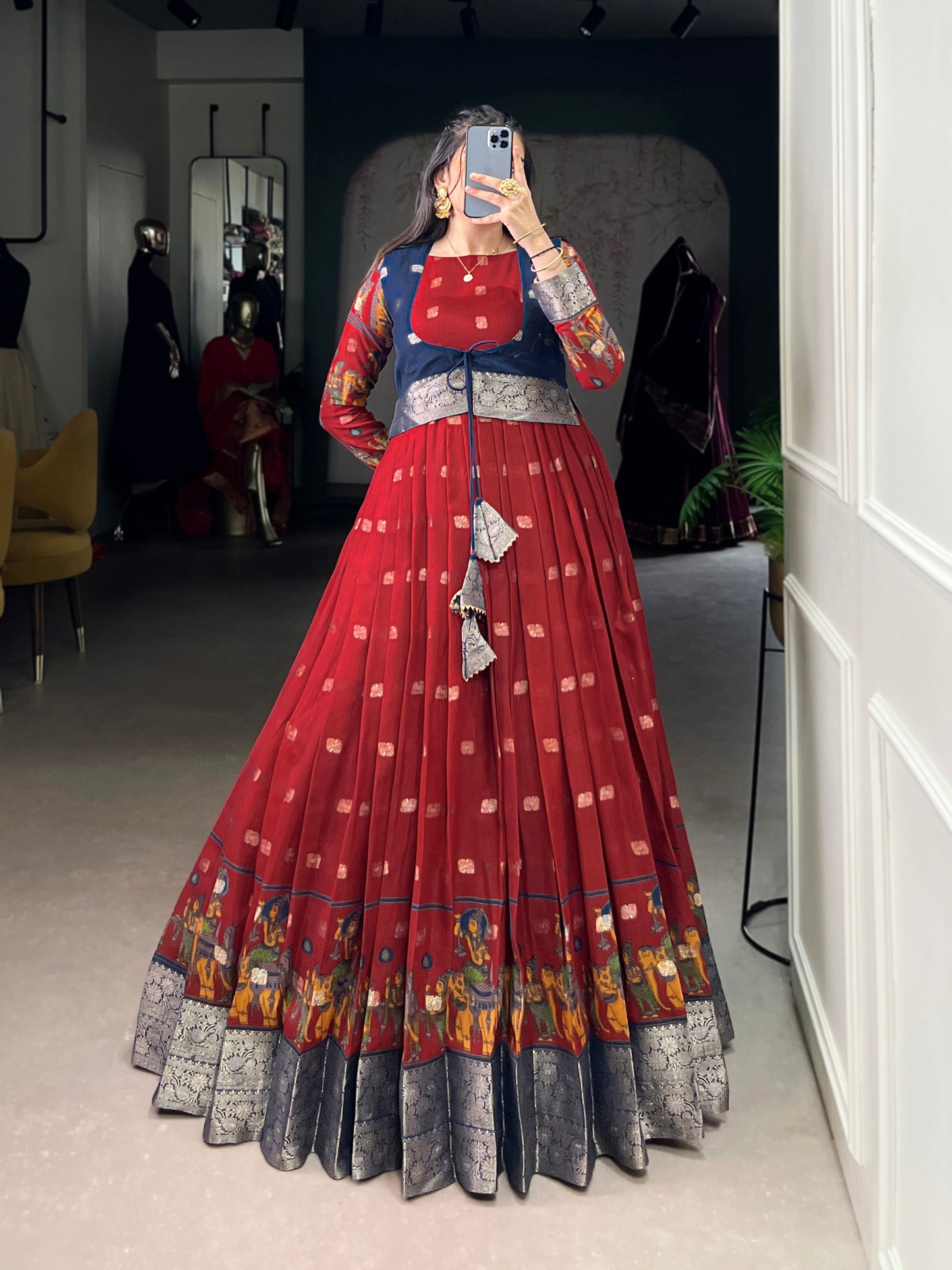 Lorenvalley Fashion Maroon Poly Cotton Kalamkari Print With Zari Weaving Work Border Gown with Koti | Swadesiicart