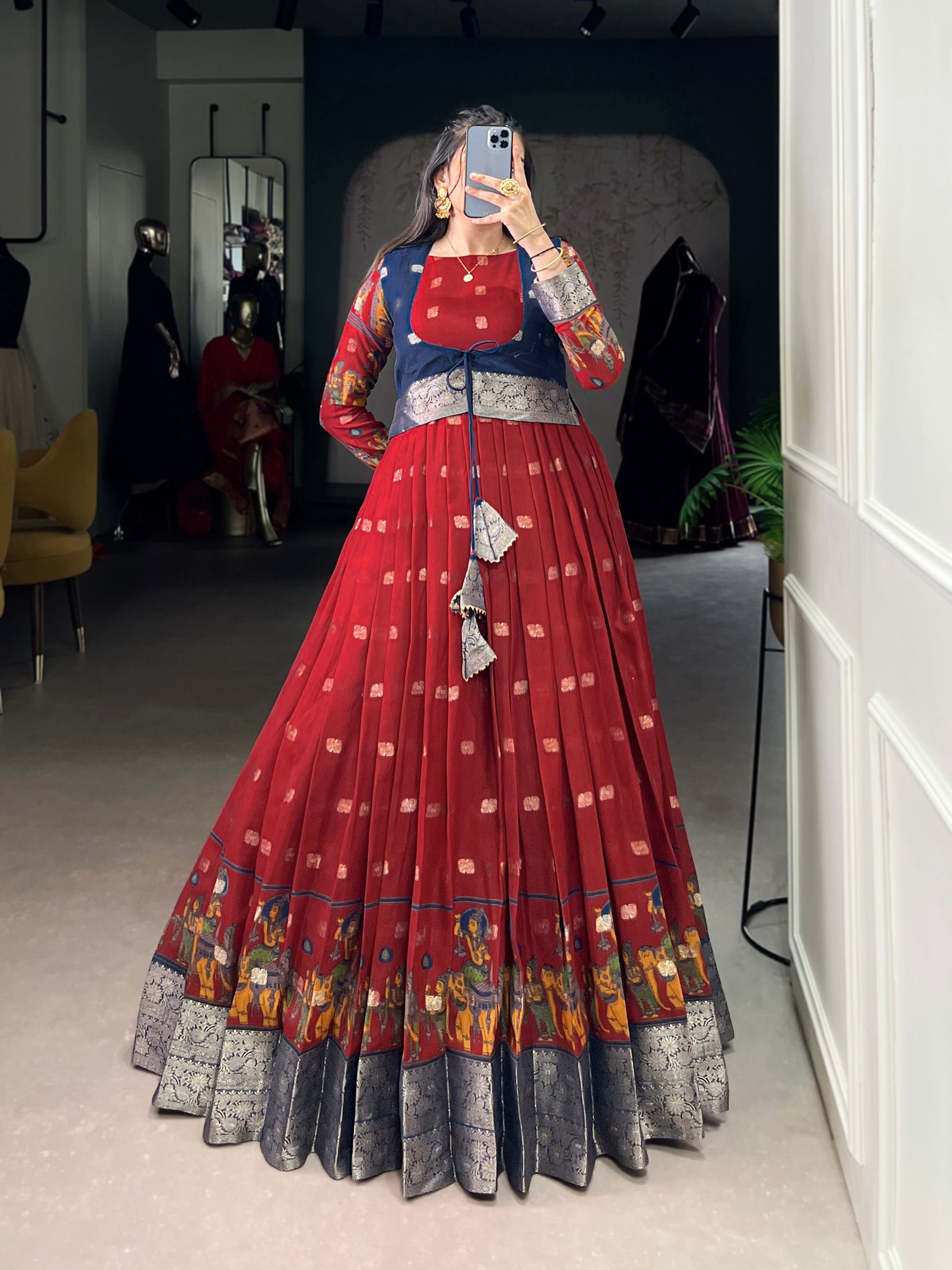 Lorenvalley Fashion Maroon Poly Cotton Kalamkari Print With Zari Weaving Work Border Gown with Koti | Swadesiicart