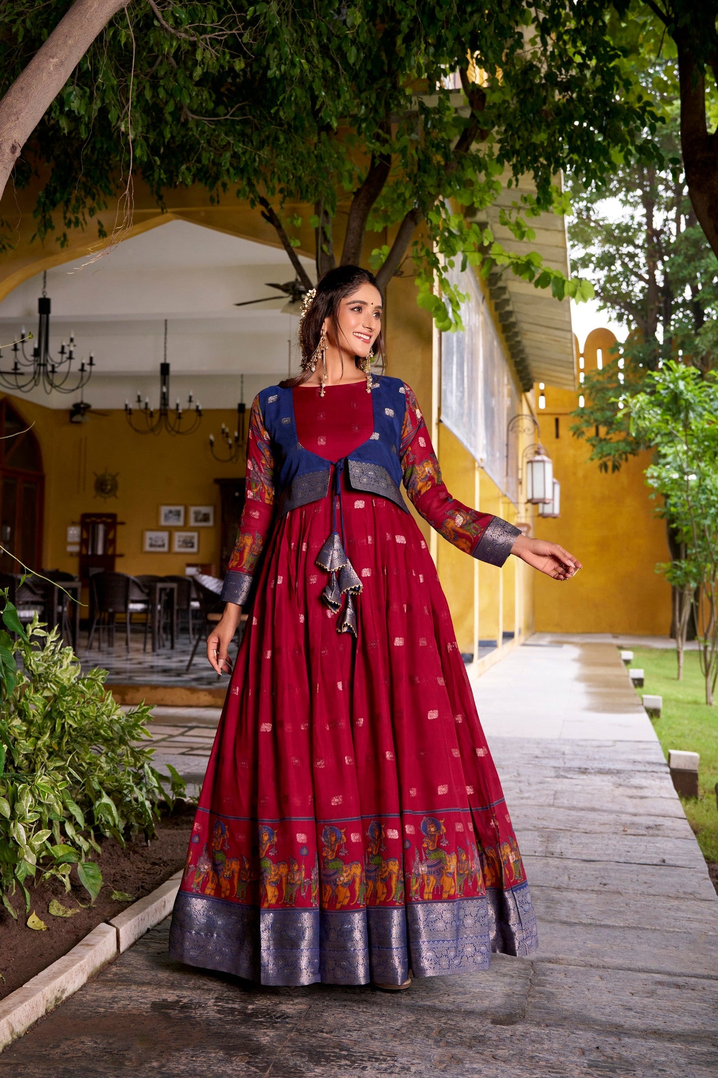 Lorenvalley Fashion Maroon Poly Cotton Kalamkari Print With Zari Weaving Work Border Gown with Koti | Swadesiicart