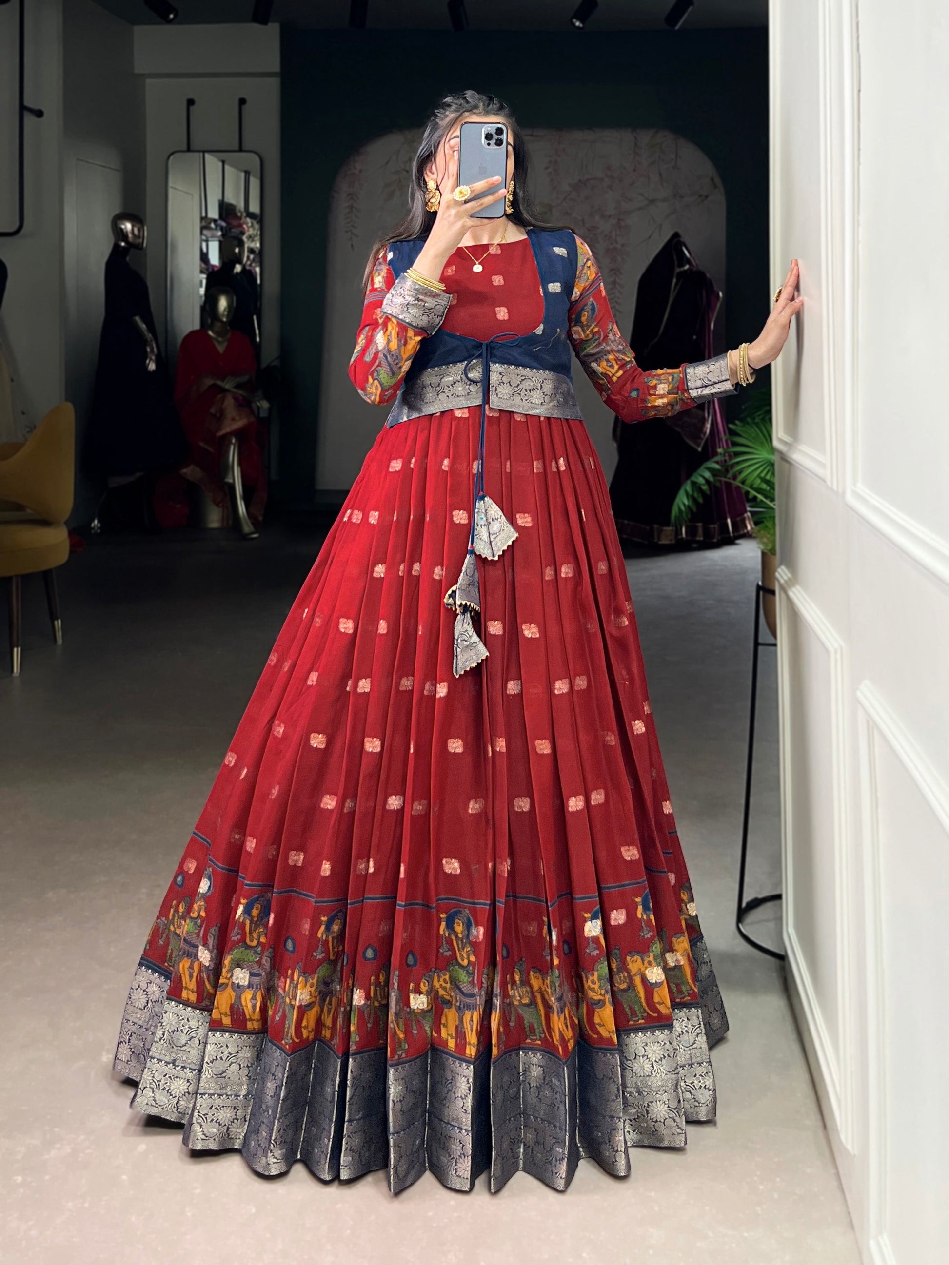 Lorenvalley Fashion Maroon Poly Cotton Kalamkari Print With Zari Weaving Work Border Gown with Koti | Swadesiicart