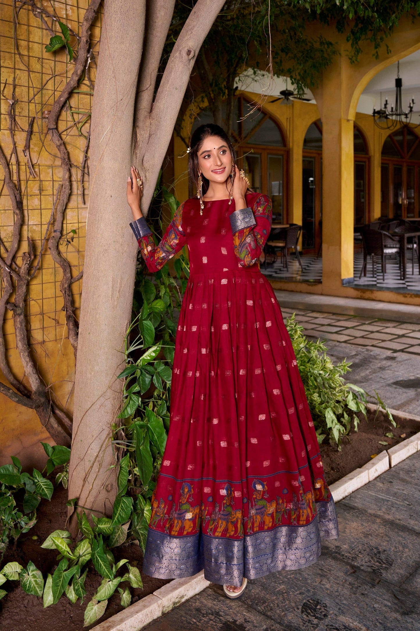 Lorenvalley Fashion Maroon Poly Cotton Kalamkari Print With Zari Weaving Work Border Gown with Koti | Swadesiicart