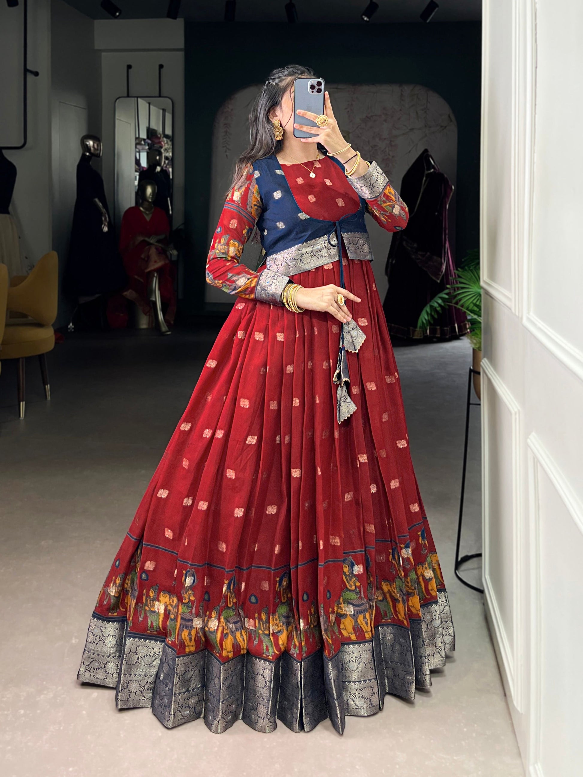 Lorenvalley Fashion Maroon Poly Cotton Kalamkari Print With Zari Weaving Work Border Gown with Koti | Swadesiicart