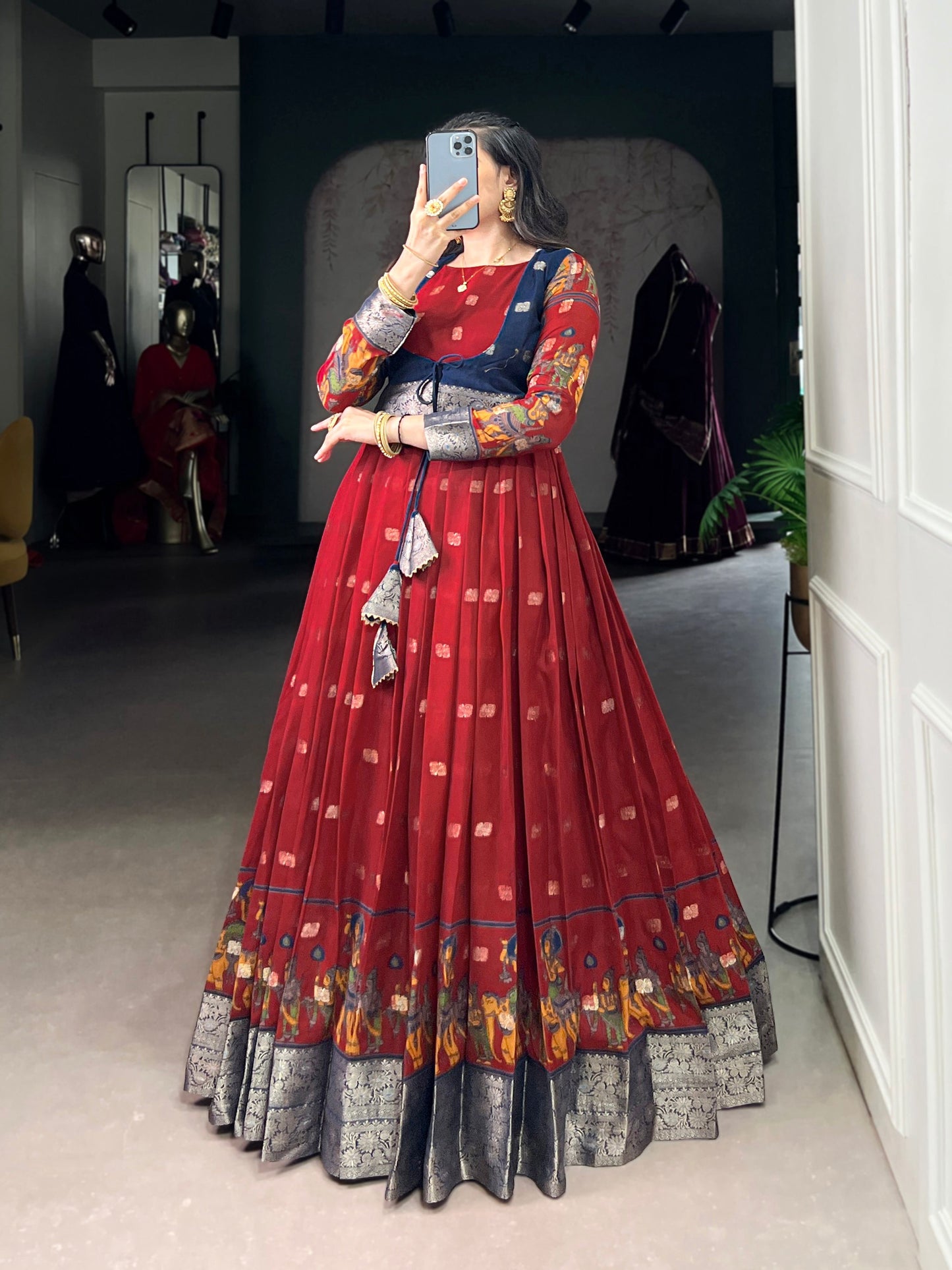 Lorenvalley Fashion Maroon Poly Cotton Kalamkari Print With Zari Weaving Work Border Gown with Koti | Swadesiicart