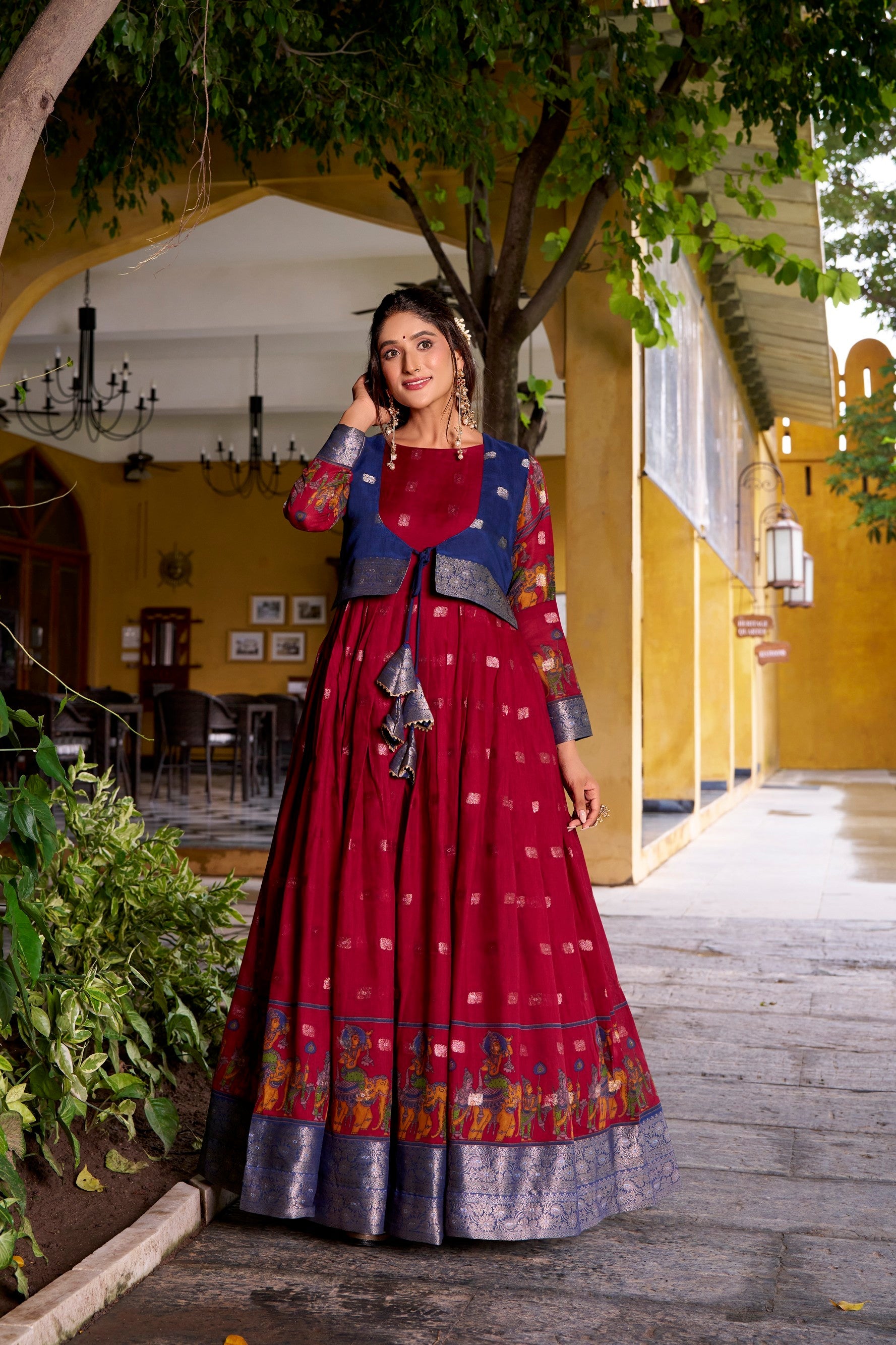 Lorenvalley Fashion Maroon Poly Cotton Kalamkari Print With Zari Weaving Work Border Gown with Koti | Swadesiicart