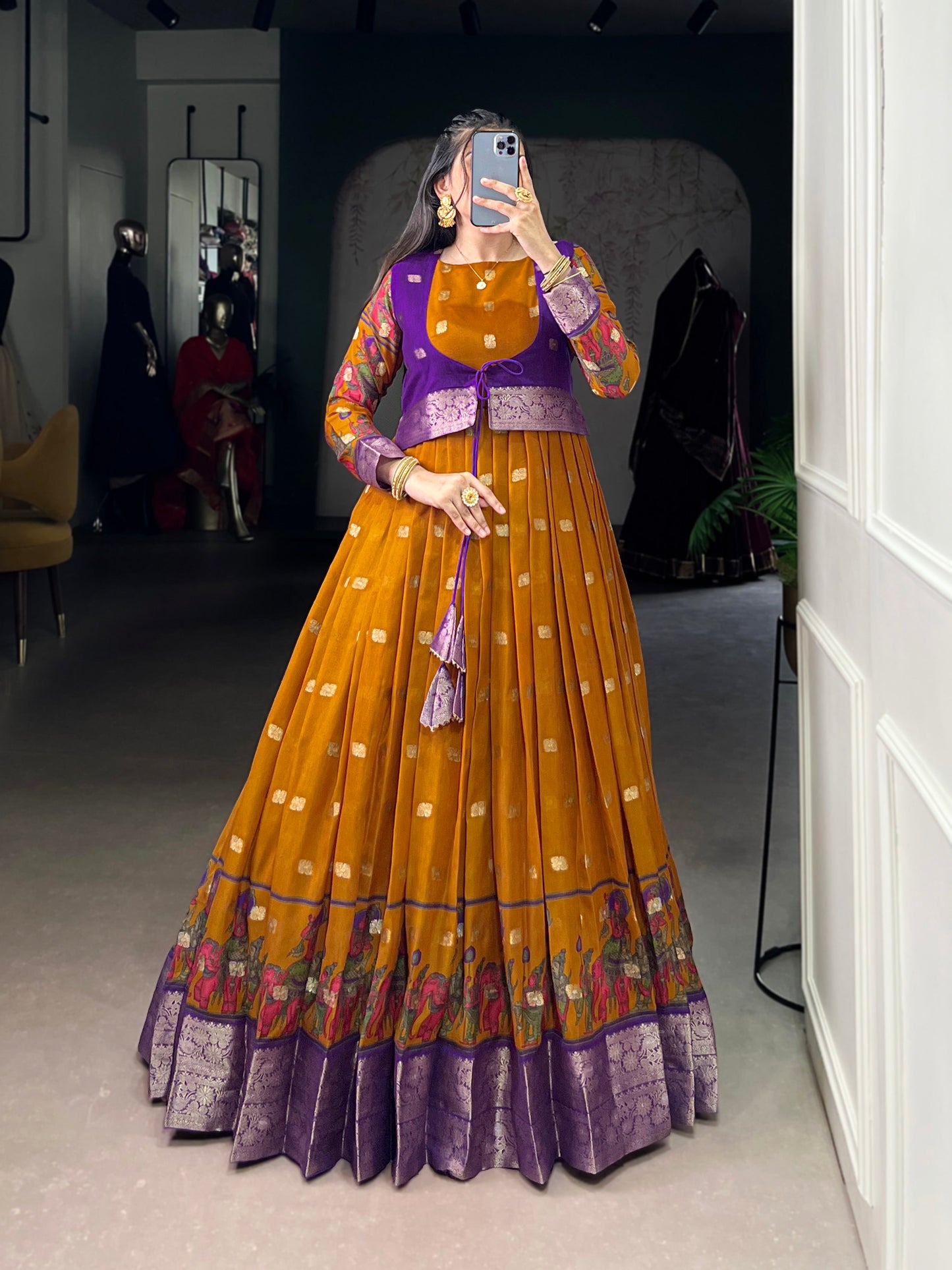 Lorenvalley Fashion Mustard Poly Cotton Kalamkari Print With Zari Weaving Work Border Gown with Koti | Swadesiicart