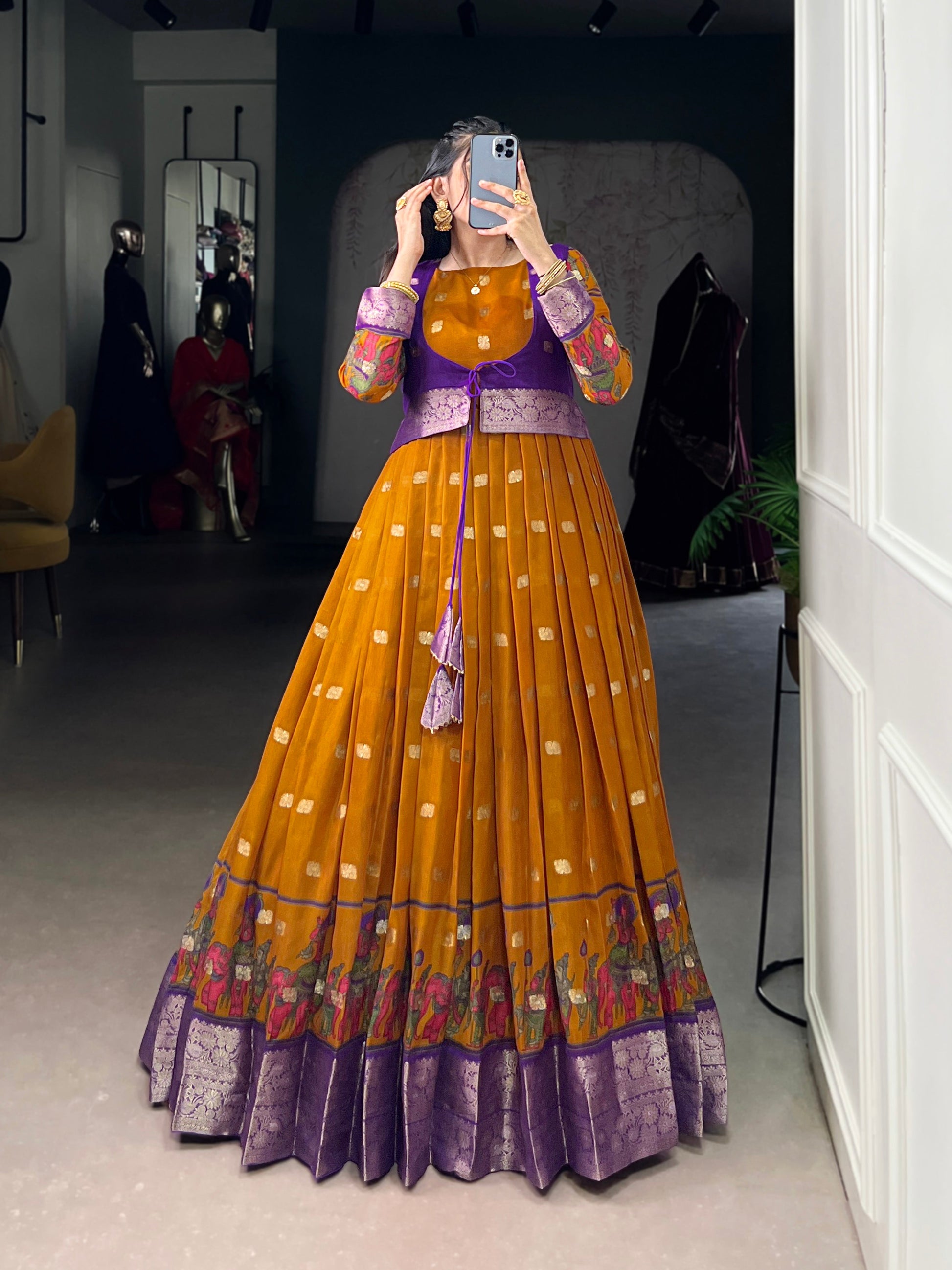 Lorenvalley Fashion Mustard Poly Cotton Kalamkari Print With Zari Weaving Work Border Gown with Koti | Swadesiicart