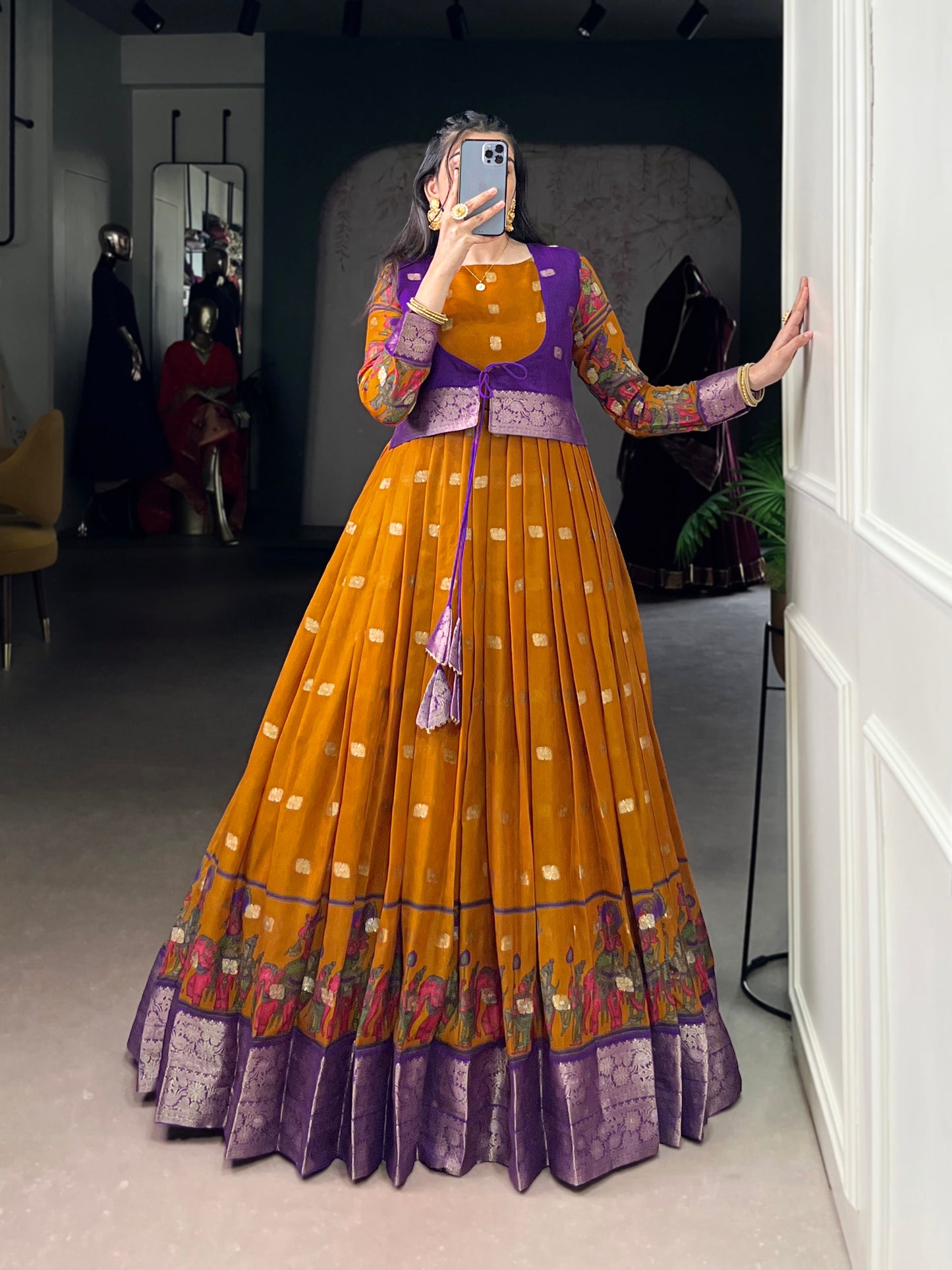 Lorenvalley Fashion Mustard Poly Cotton Kalamkari Print With Zari Weaving Work Border Gown with Koti | Swadesiicart