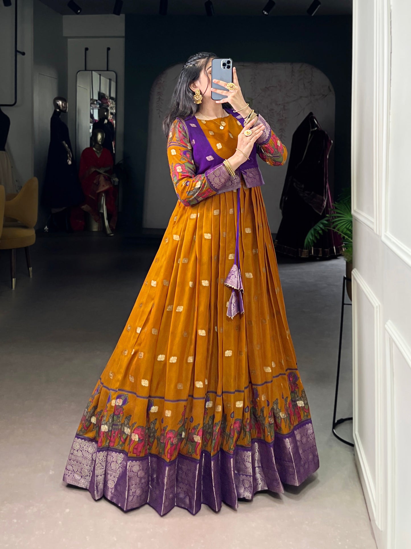Lorenvalley Fashion Mustard Poly Cotton Kalamkari Print With Zari Weaving Work Border Gown with Koti | Swadesiicart
