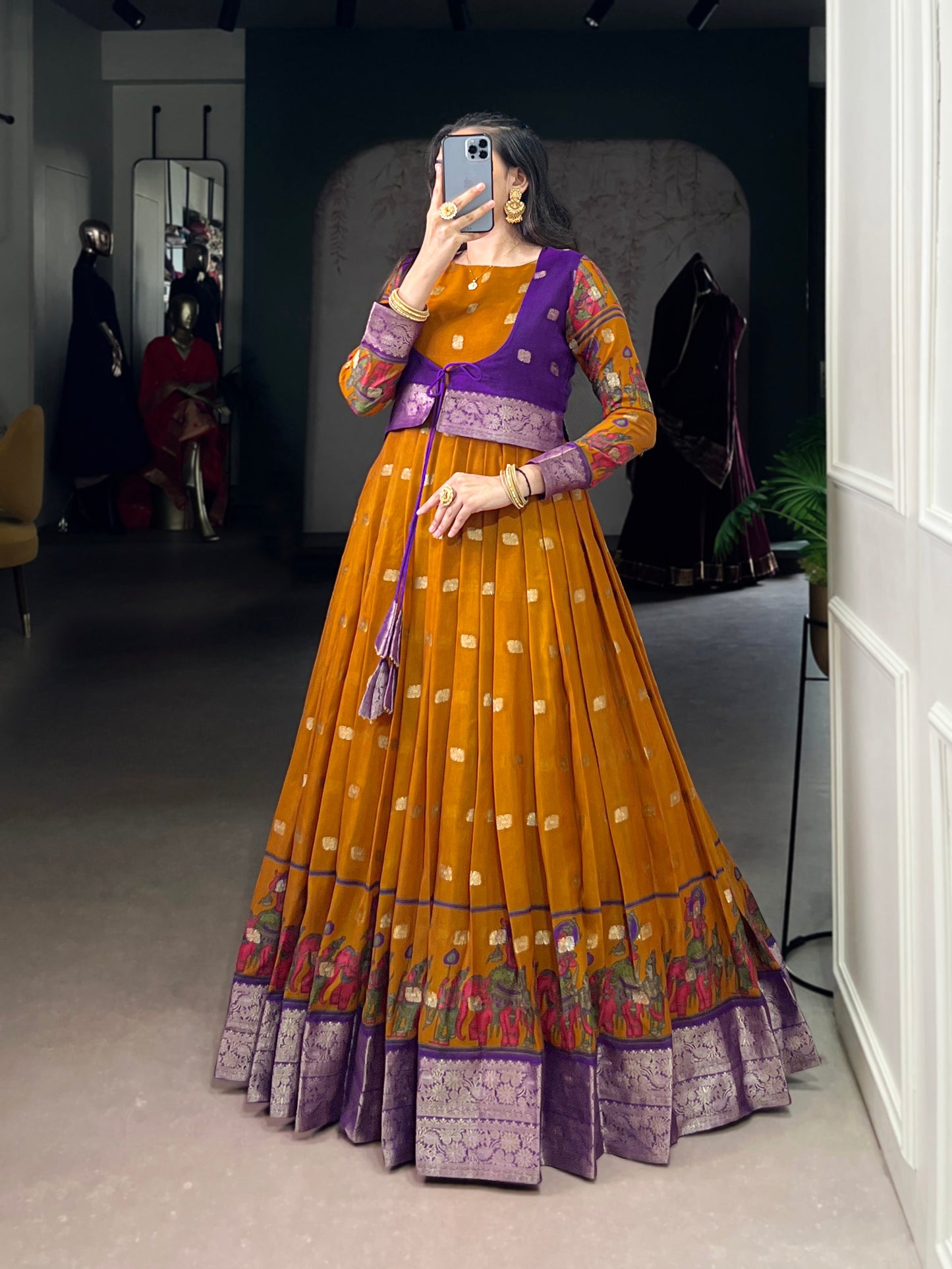 Lorenvalley Fashion Mustard Poly Cotton Kalamkari Print With Zari Weaving Work Border Gown with Koti | Swadesiicart