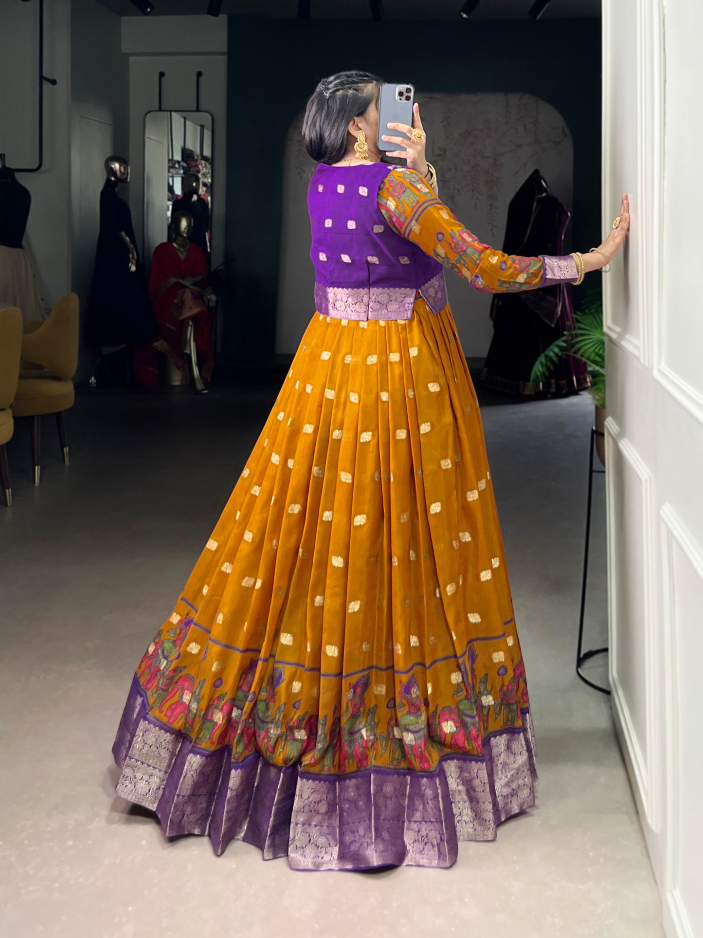 Lorenvalley Fashion Mustard Poly Cotton Kalamkari Print With Zari Weaving Work Border Gown with Koti | Swadesiicart