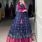 Lorenvalley Fashion Navy Blue Poly Cotton Kalamkari Print With Zari Weaving Work Border Gown with Koti | Swadesiicart