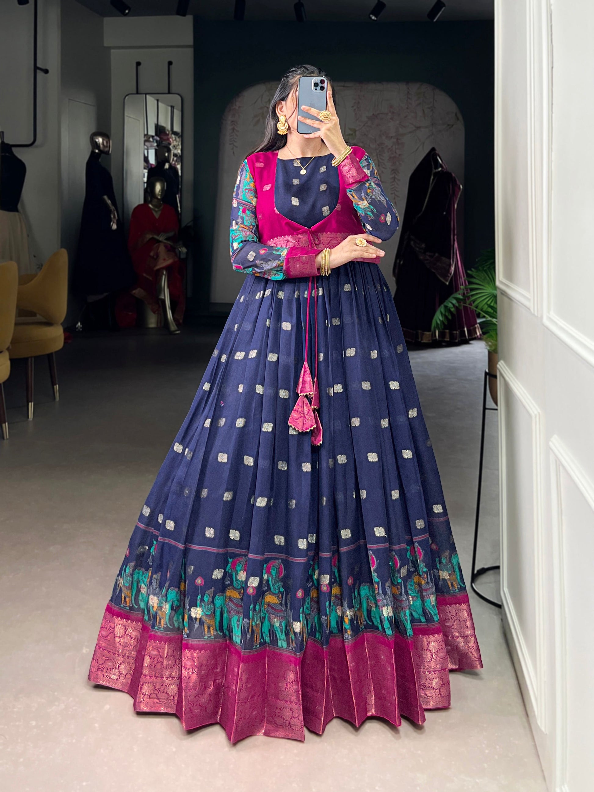 Lorenvalley Fashion Navy Blue Poly Cotton Kalamkari Print With Zari Weaving Work Border Gown with Koti | Swadesiicart