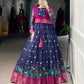 Lorenvalley Fashion Navy Blue Poly Cotton Kalamkari Print With Zari Weaving Work Border Gown with Koti | Swadesiicart