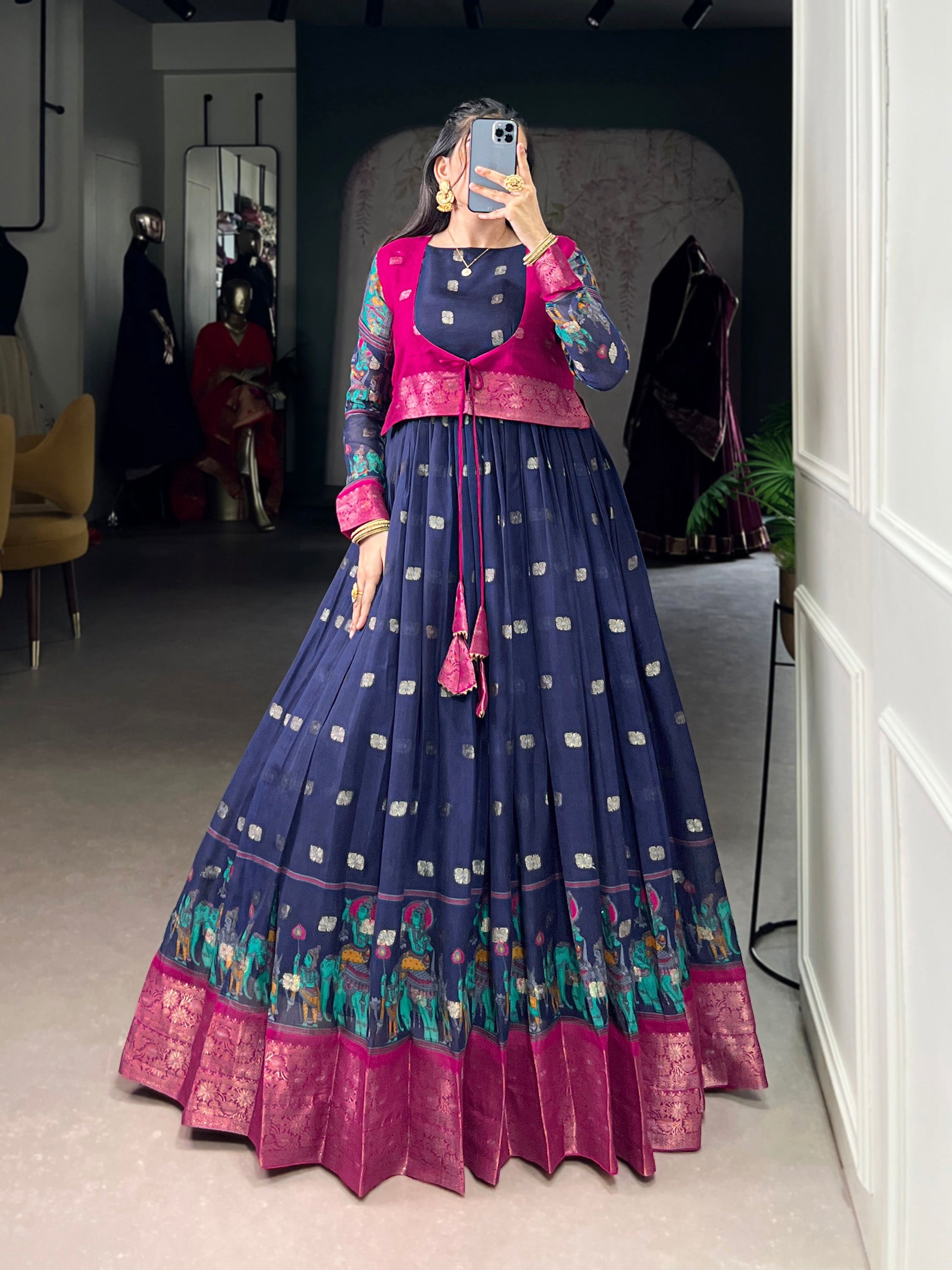 Lorenvalley Fashion Navy Blue Poly Cotton Kalamkari Print With Zari Weaving Work Border Gown with Koti | Swadesiicart