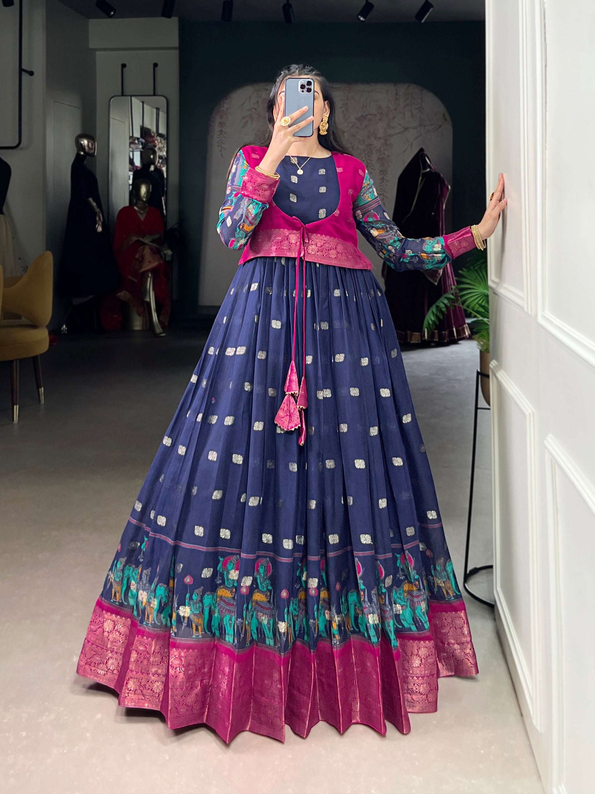 Lorenvalley Fashion Navy Blue Poly Cotton Kalamkari Print With Zari Weaving Work Border Gown with Koti | Swadesiicart