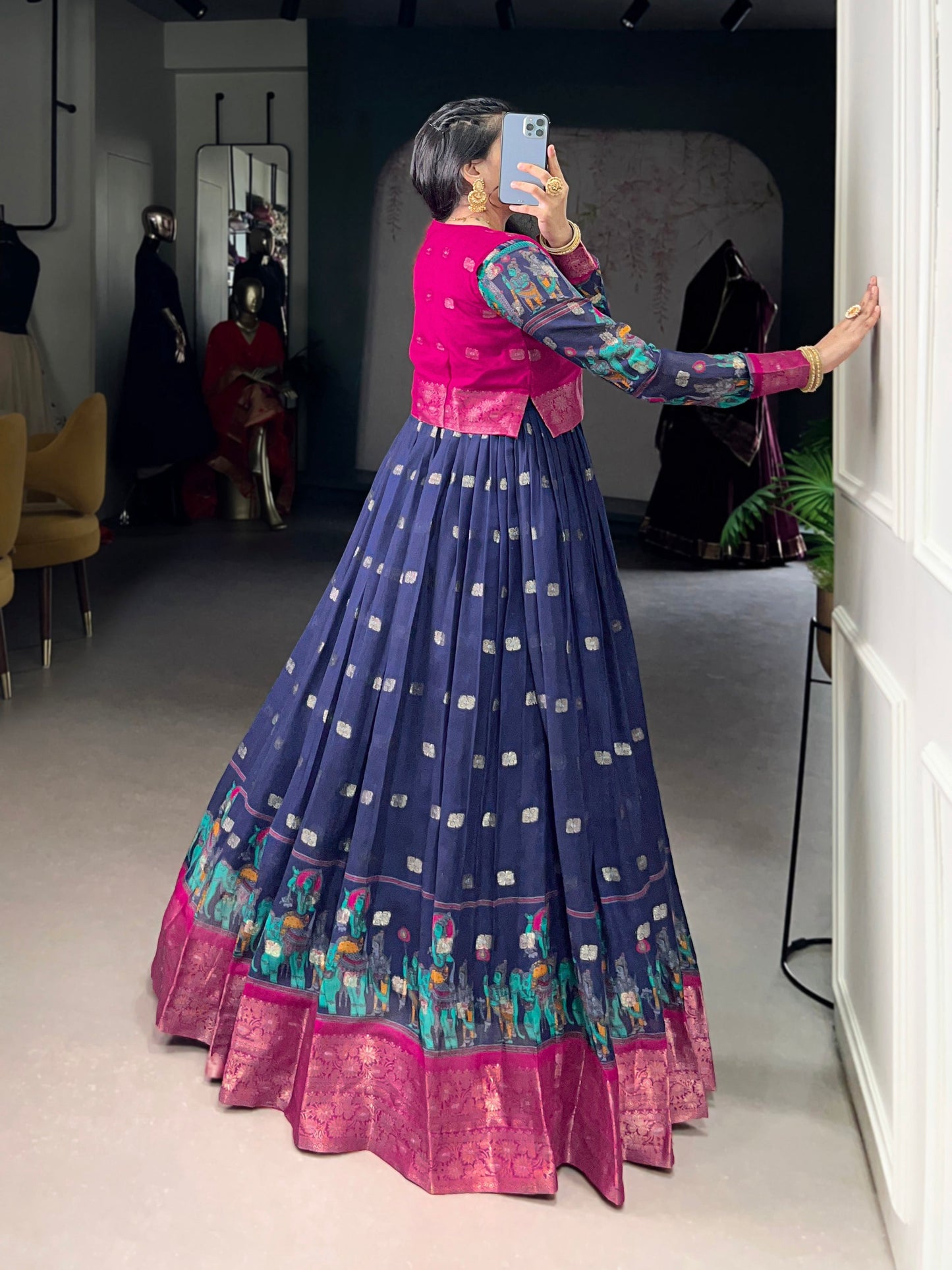 Lorenvalley Fashion Navy Blue Poly Cotton Kalamkari Print With Zari Weaving Work Border Gown with Koti | Swadesiicart